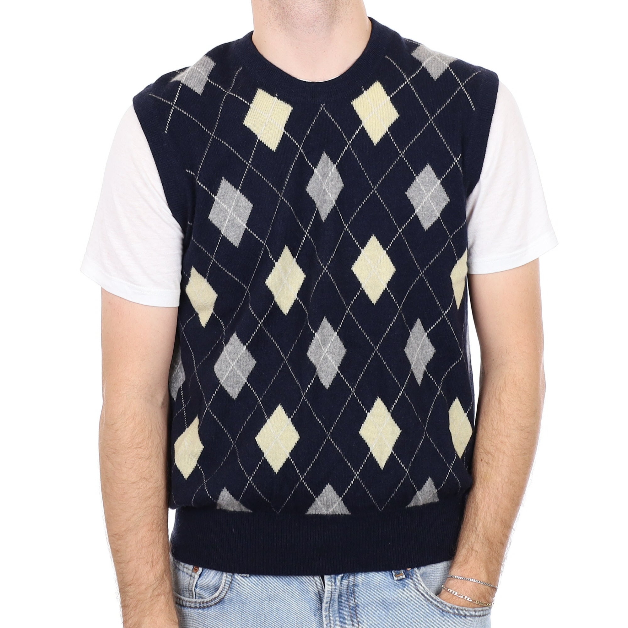 Men's Navy and Sand Diamond Cashmere Crew Neck Tank Top Medium