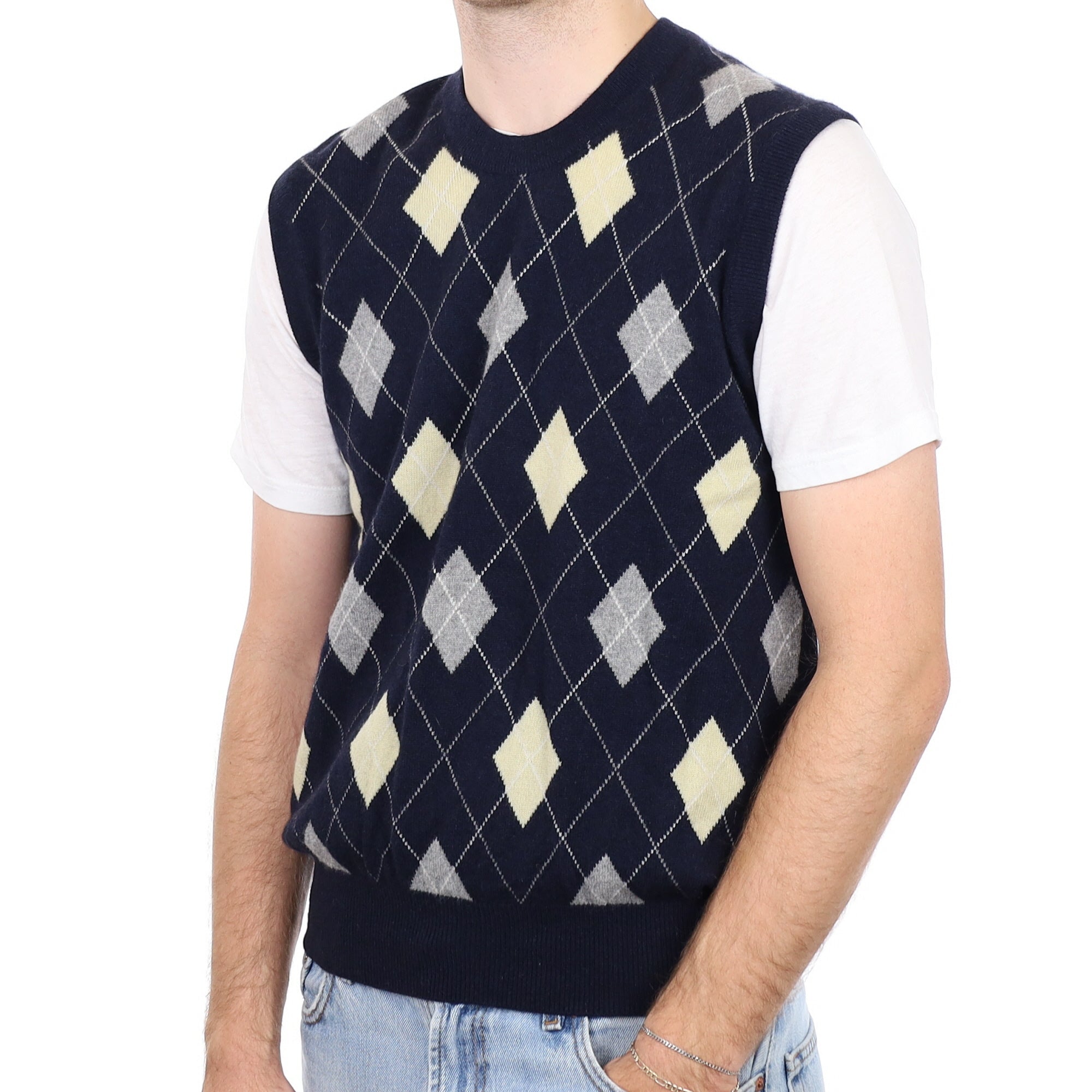 Men's Navy and Sand Diamond Cashmere Crew Neck Tank Top Medium