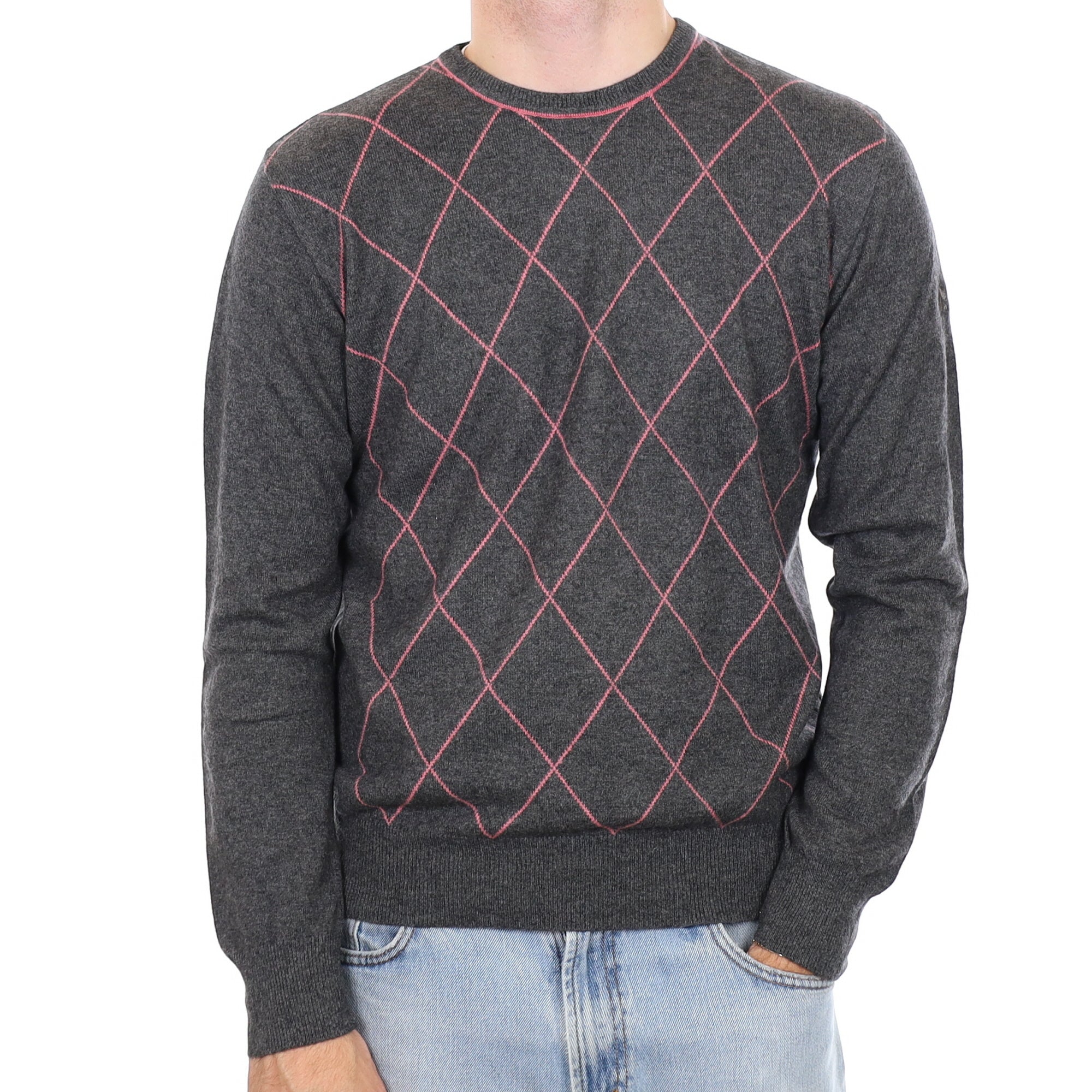 Men's Grey and Pink Diamond Cashmere Crew Neck Jumper Medium
