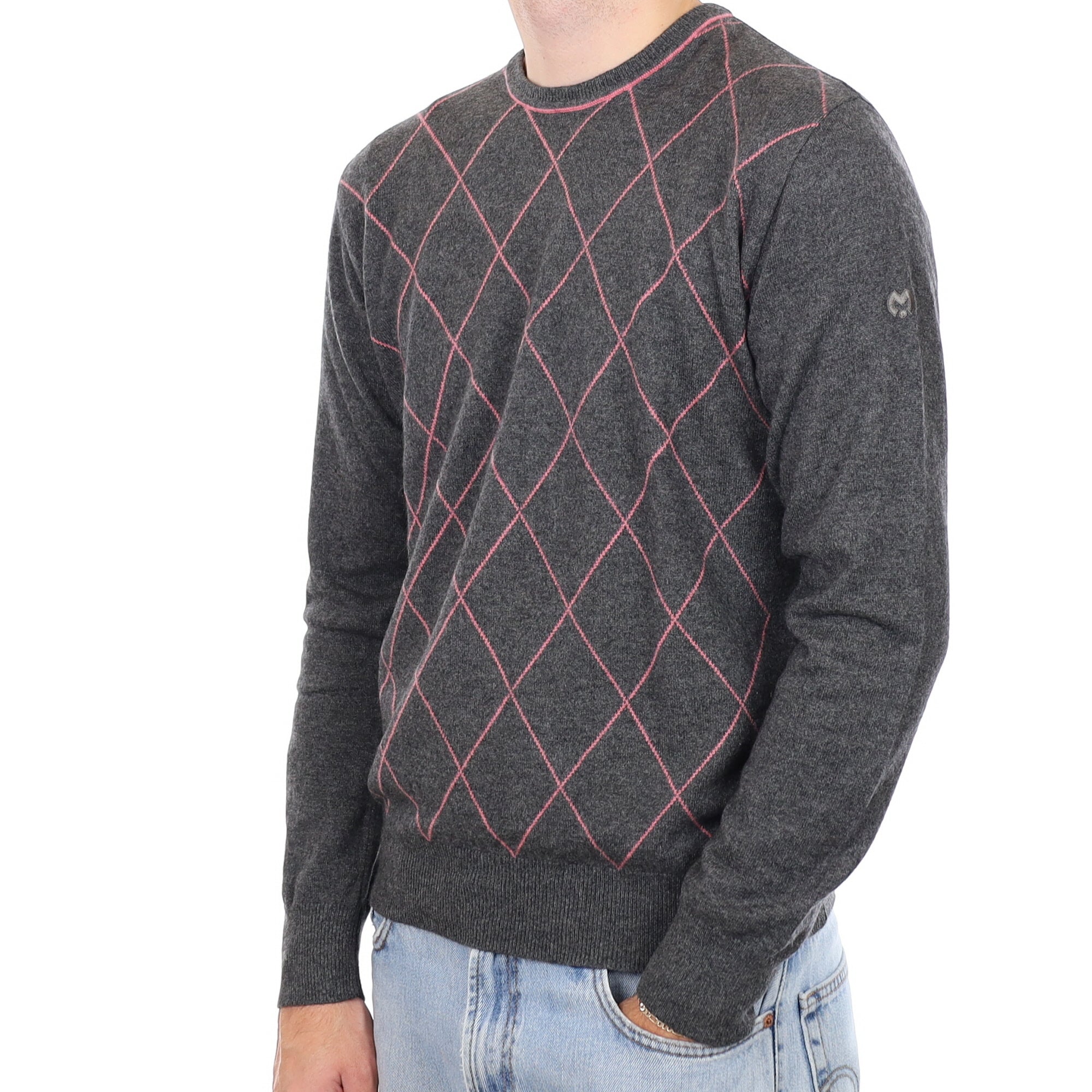 Men's Grey and Pink Diamond Cashmere Crew Neck Jumper Medium