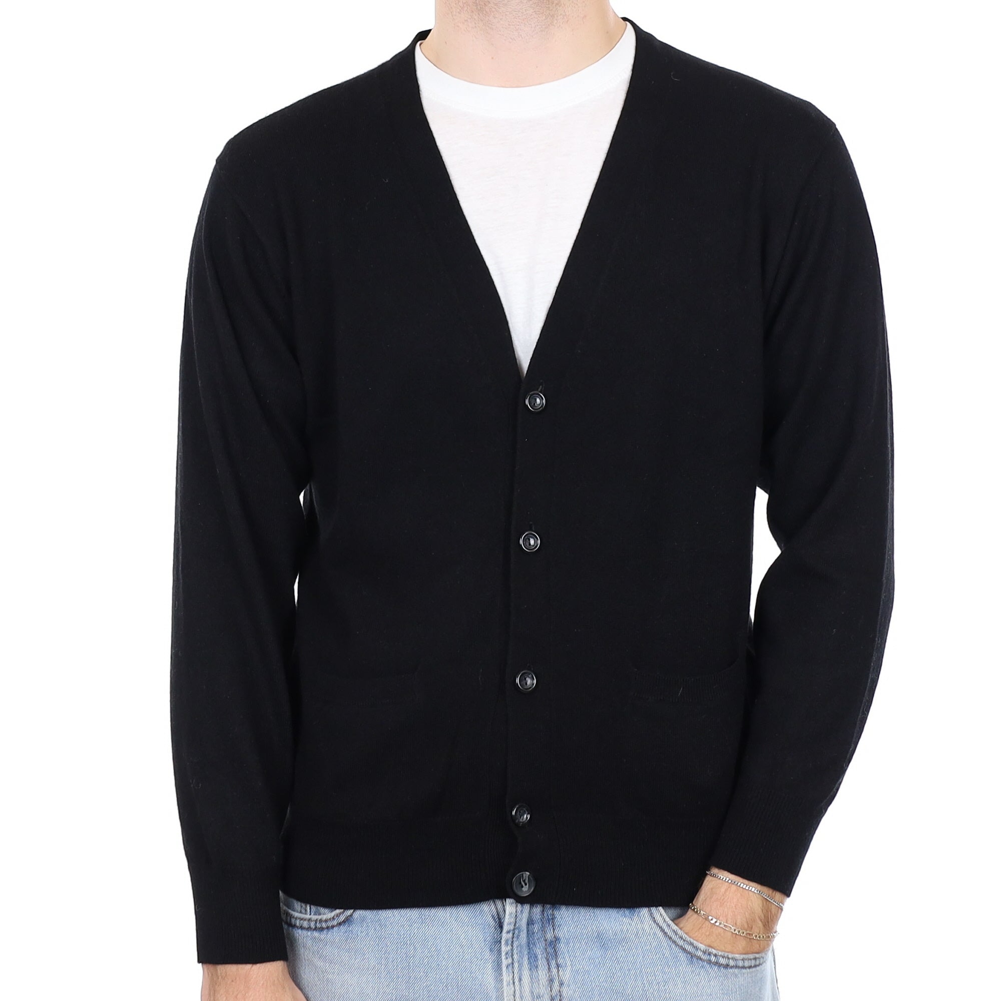Men's Black Cashmere V Neck Cardigan with Pockets Medium