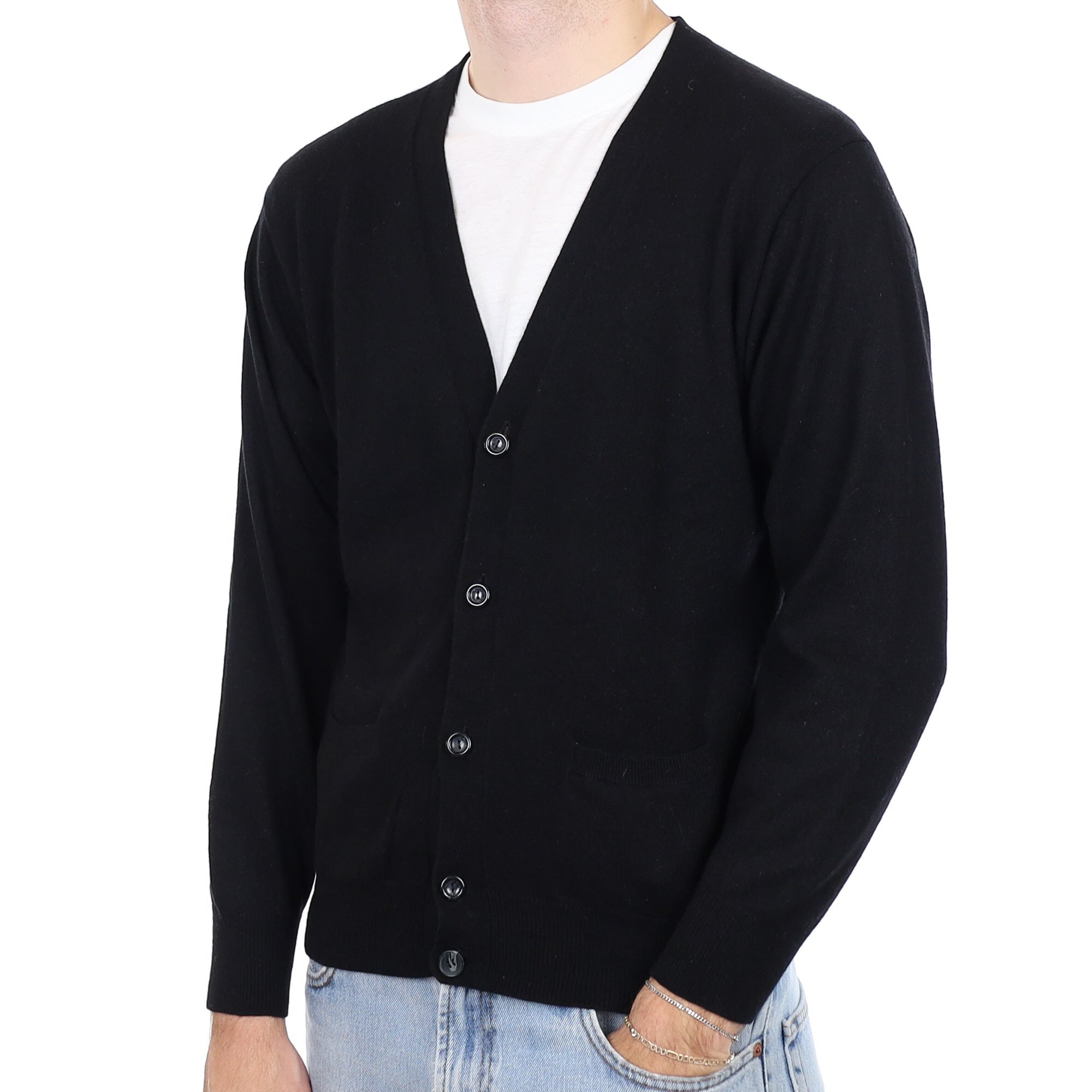 Men's Black Cashmere V Neck Cardigan with Pockets Medium