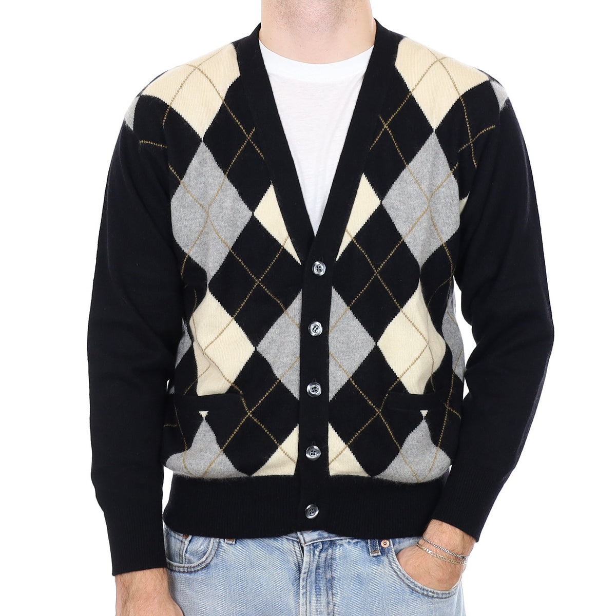 Men's Black and Cream Argyle Cashmere V Neck Cardigan with Pockets Medium