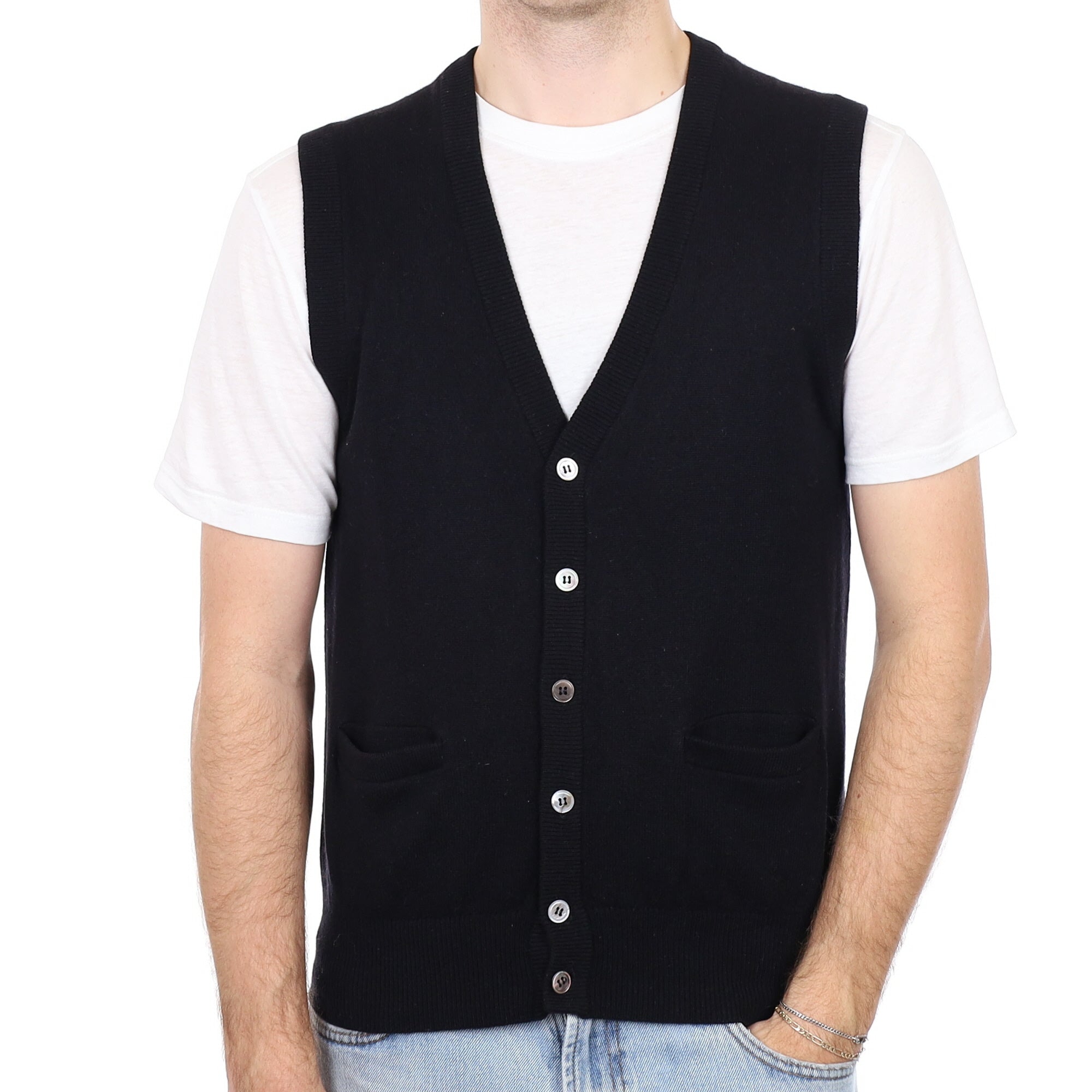 Men's Black Cashmere V Neck Waistcoat with Pockets Medium