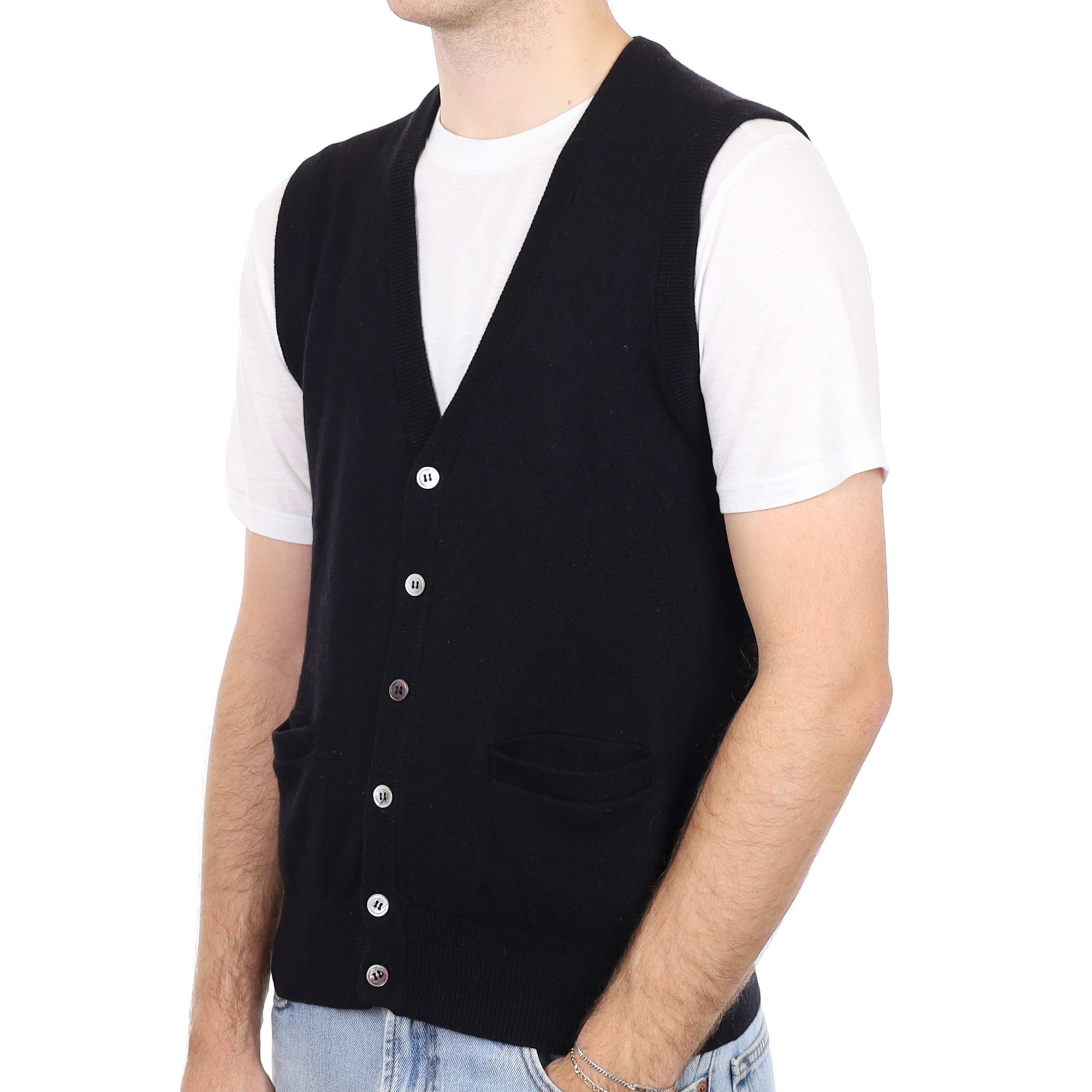 Men's Black Cashmere V Neck Waistcoat with Pockets Medium