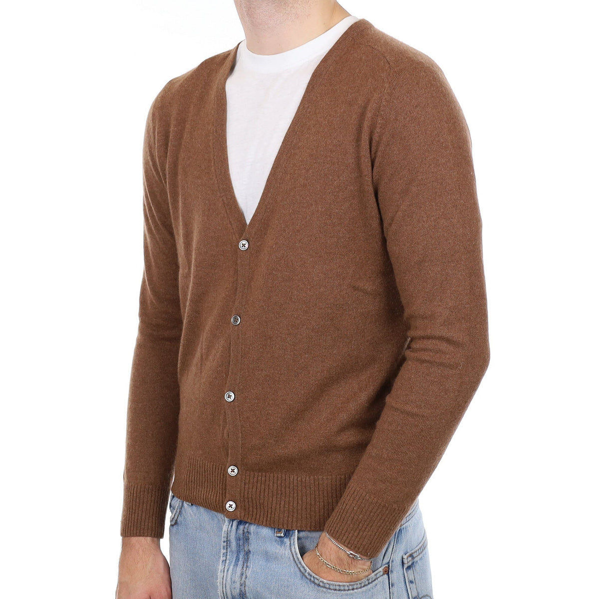 Men's Hazelnut Brown Cashmere V Neck Cardigan Medium
