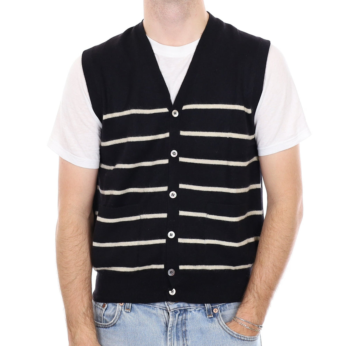 Men's Black Ivory Striped Cashmere V Neck Waistcoat Medium