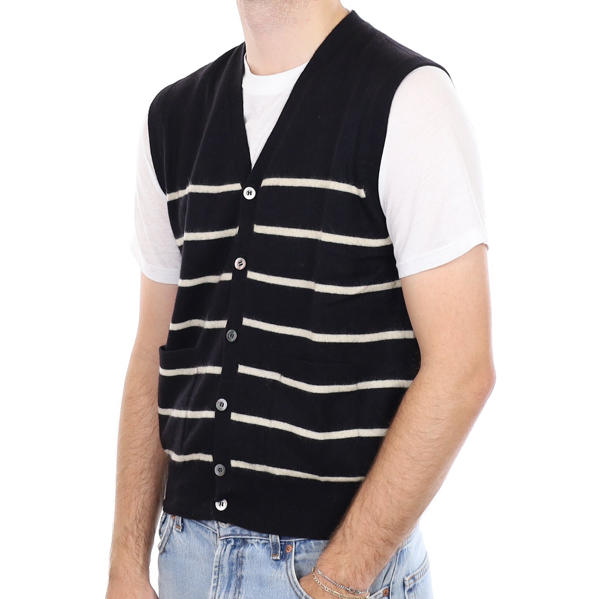 Men's Black Ivory Striped Cashmere V Neck Waistcoat Medium