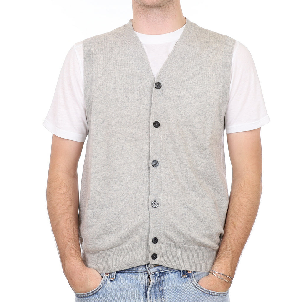 Men's Mist Grey Cashmere V Neck Waistcoat with Pockets Medium