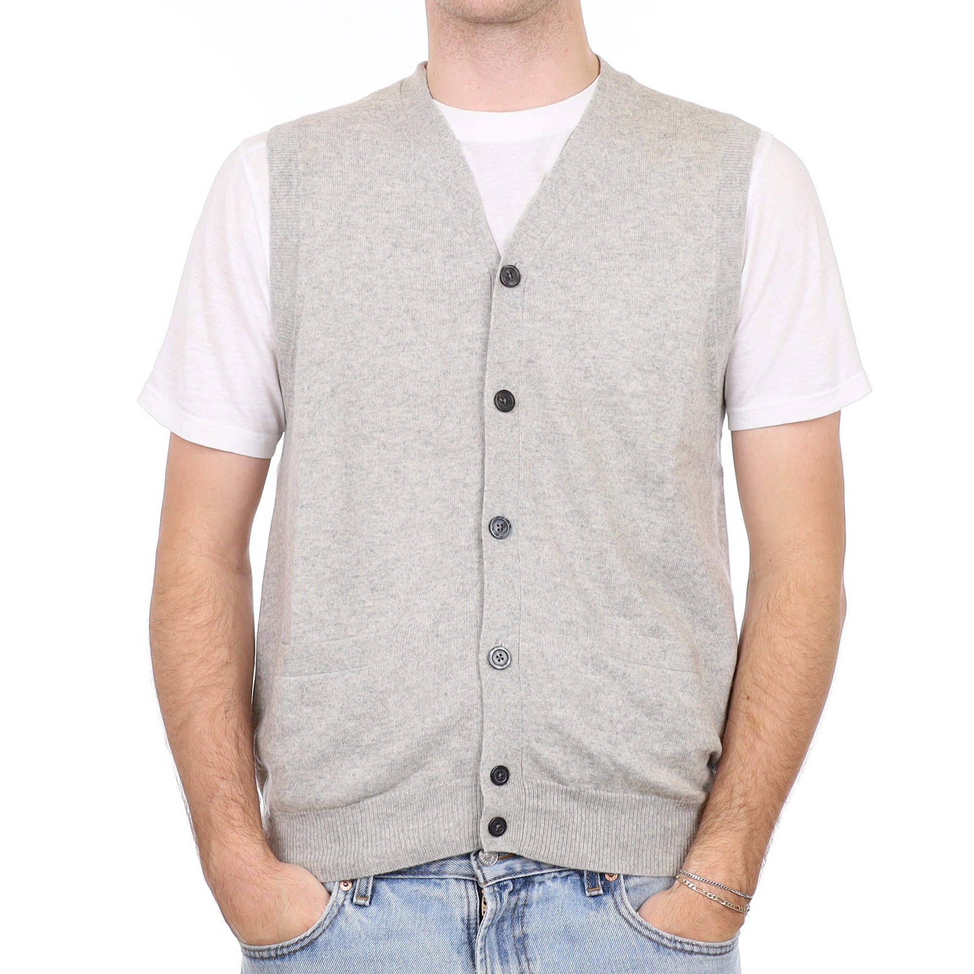 Men's Mist Grey Cashmere V Neck Waistcoat with Pockets Medium