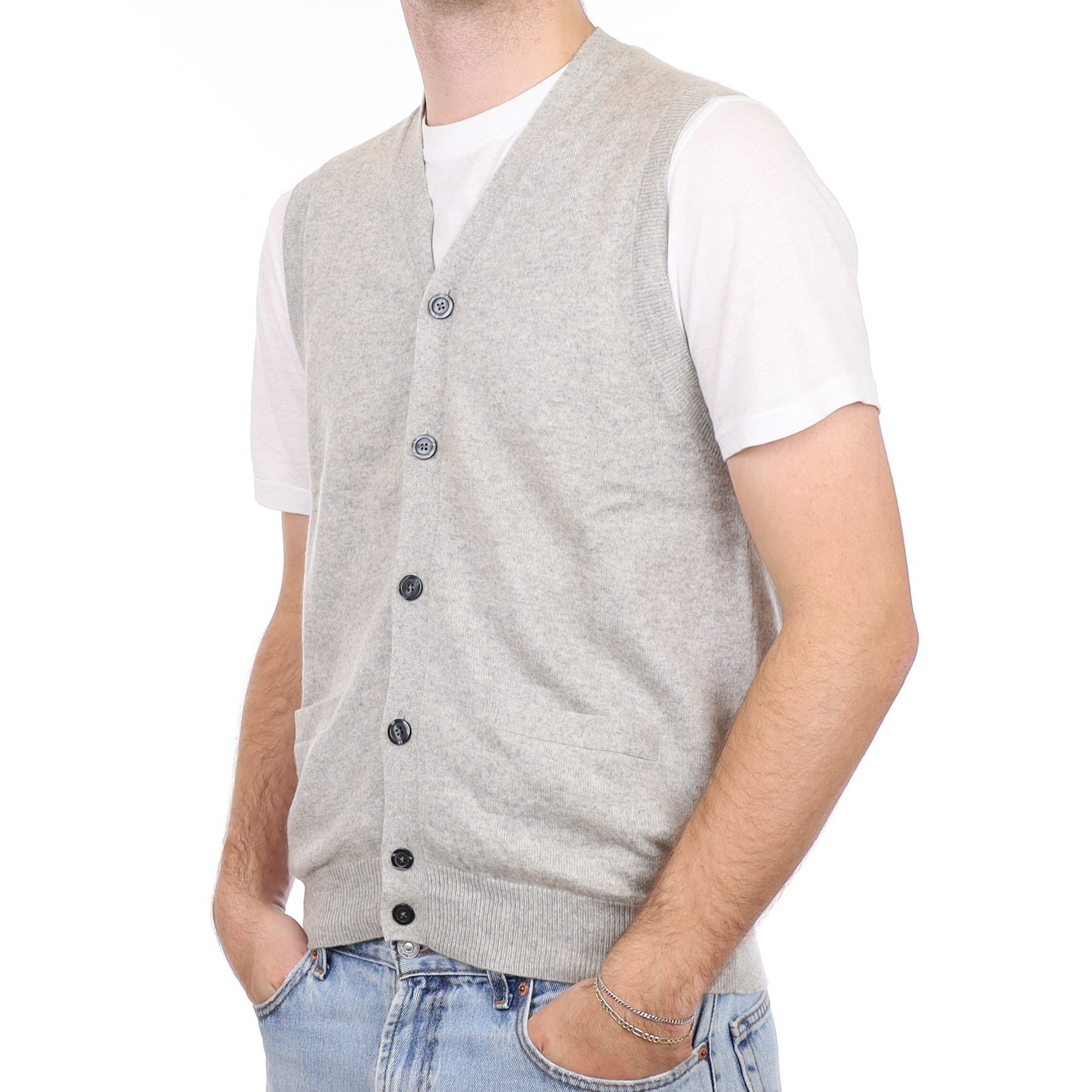 Men's Mist Grey Cashmere V Neck Waistcoat with Pockets Medium