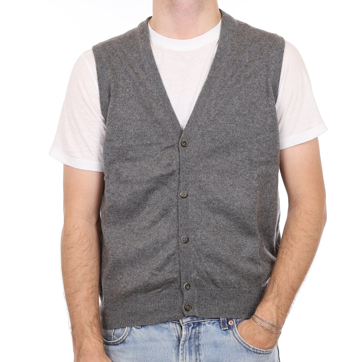 Men's Slate Grey Cashmere V Neck Waistcoat Medium