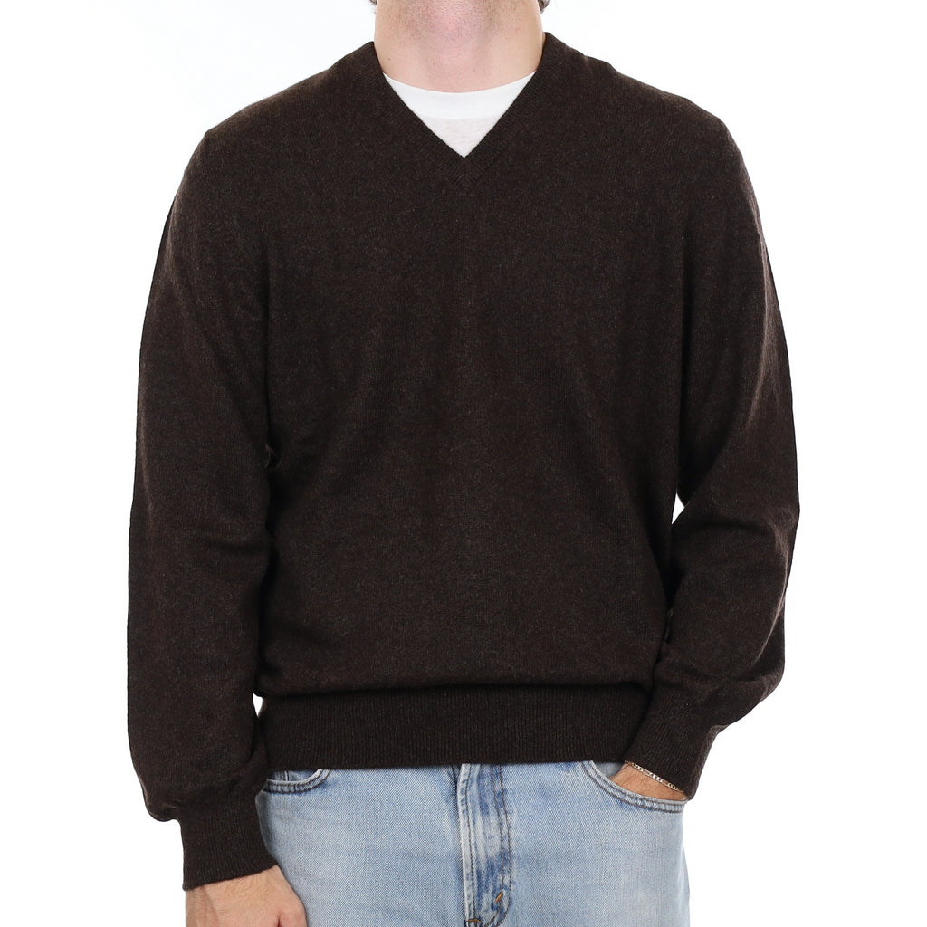 Men's Italian Peppercorn Brown Cashmere V Neck Jumper Large