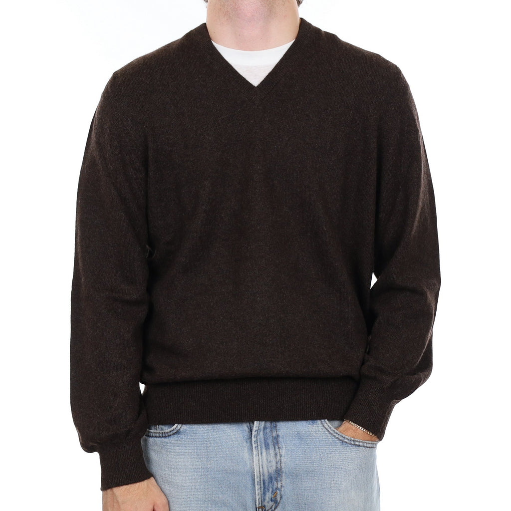 Men's Italian Peppercorn Brown Cashmere V Neck Jumper Large