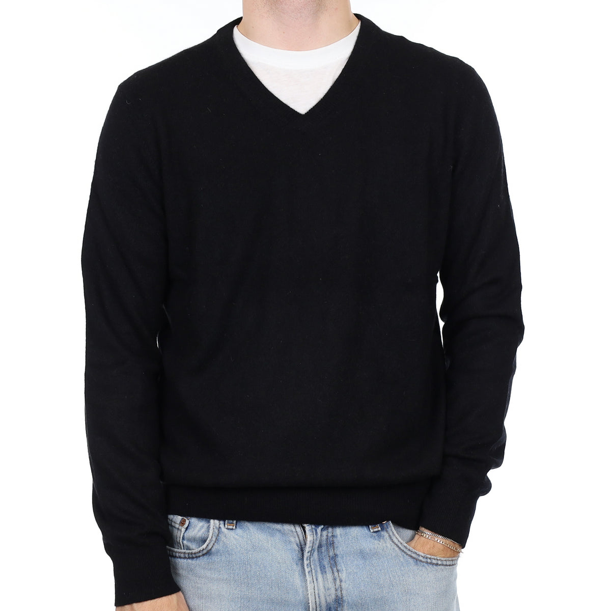 Men's Black Cashmere V Neck Jumper Large