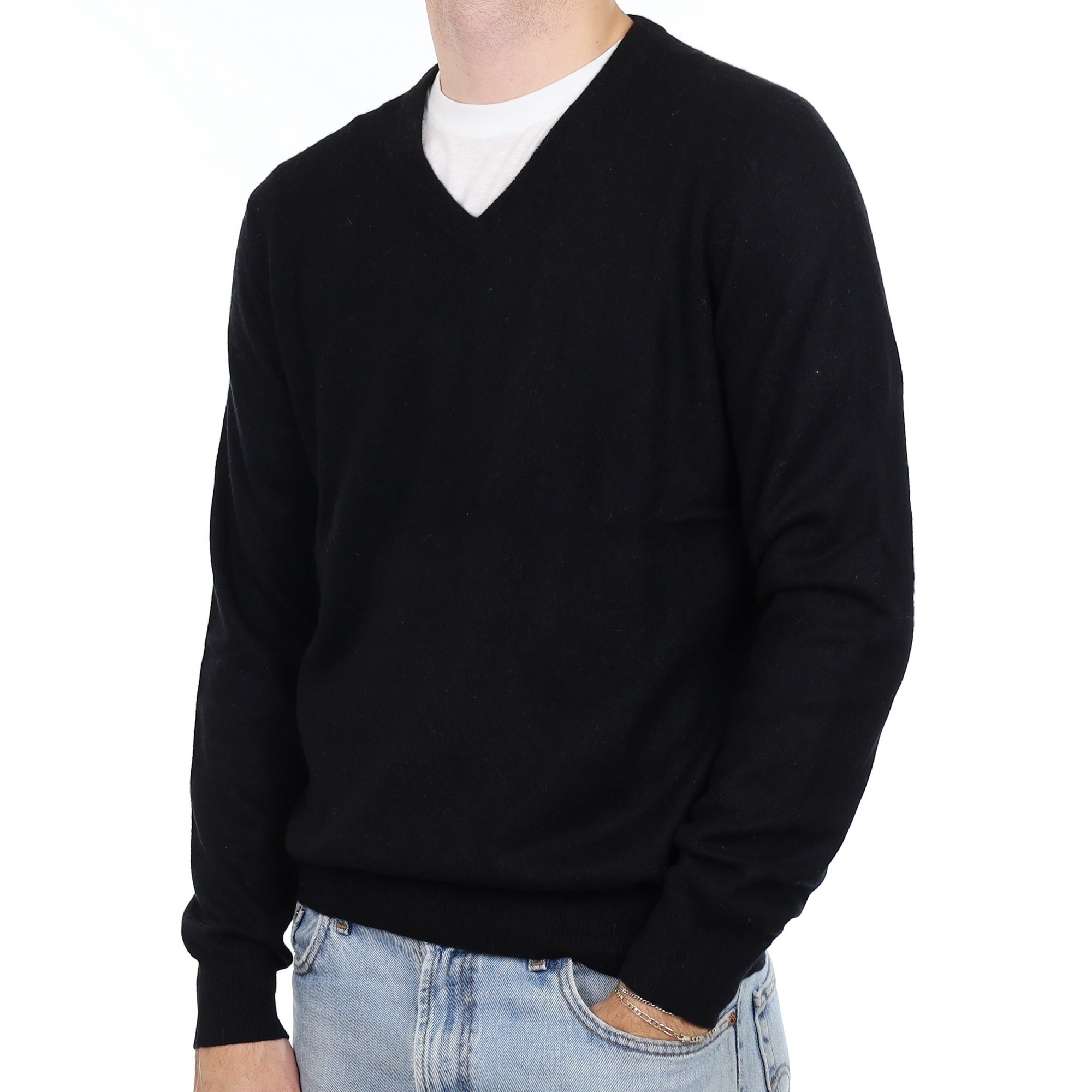 Men's Black Cashmere V Neck Jumper Large
