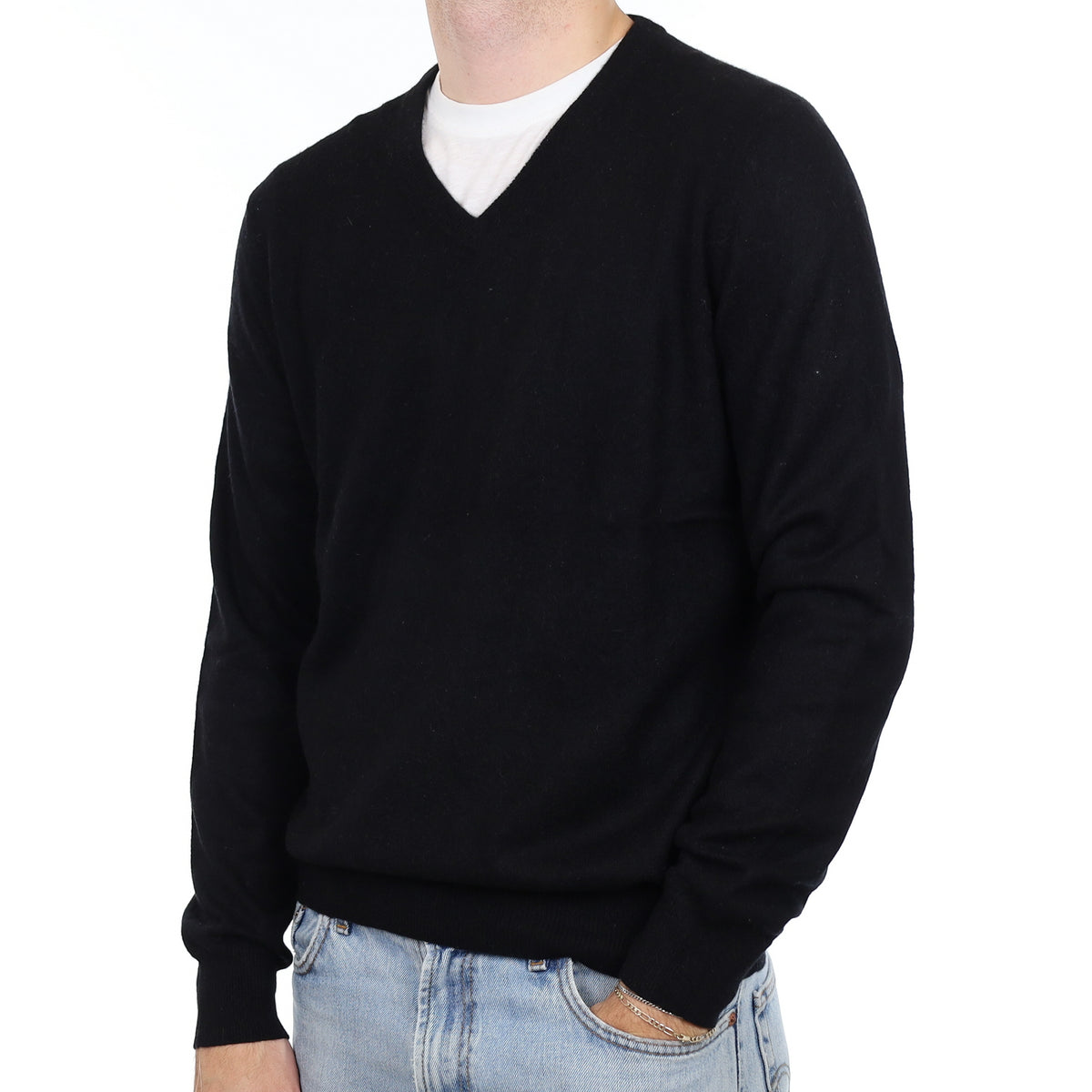 Men's Black Cashmere V Neck Jumper Large