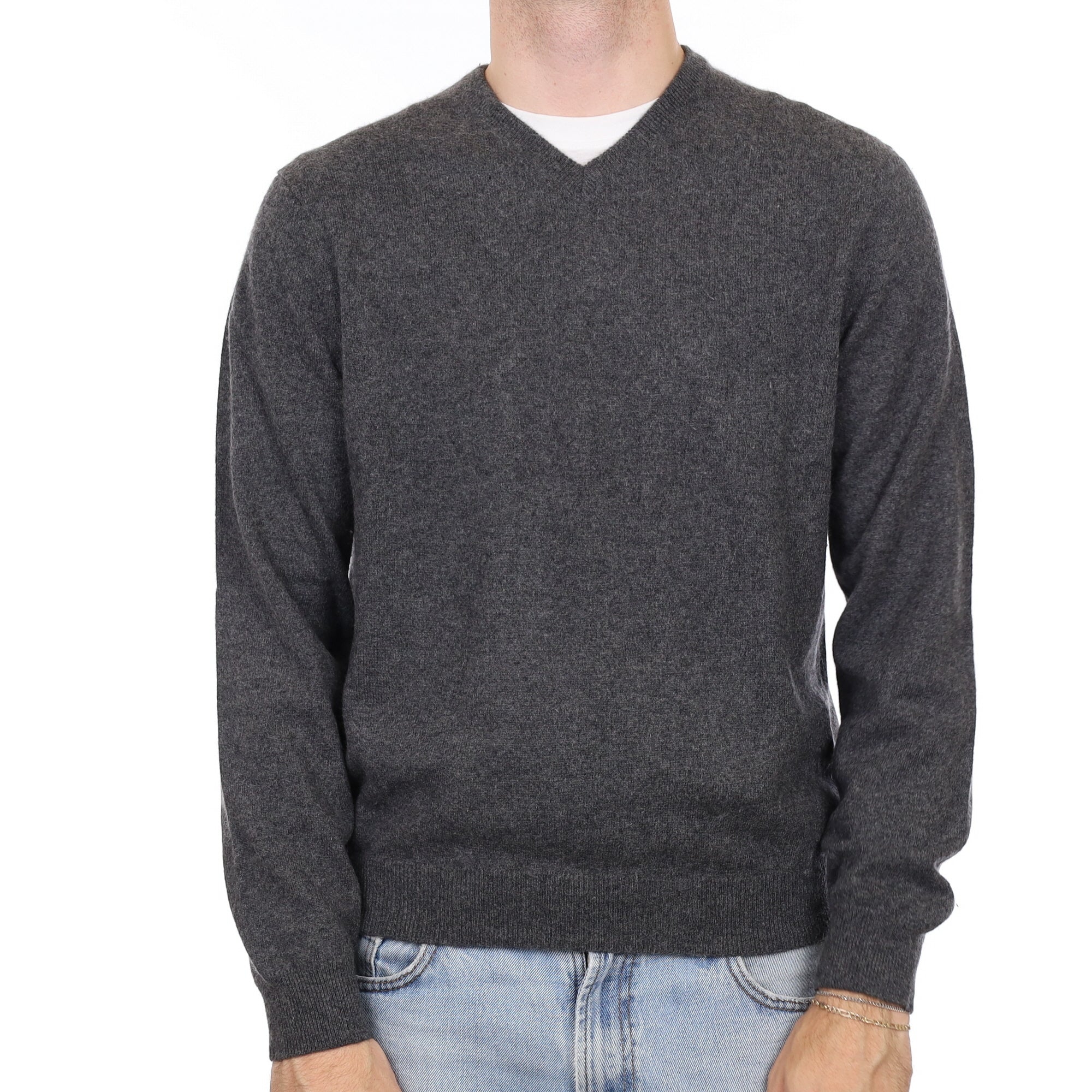 Men's Granite Grey Cashmere V Neck Jumper Large