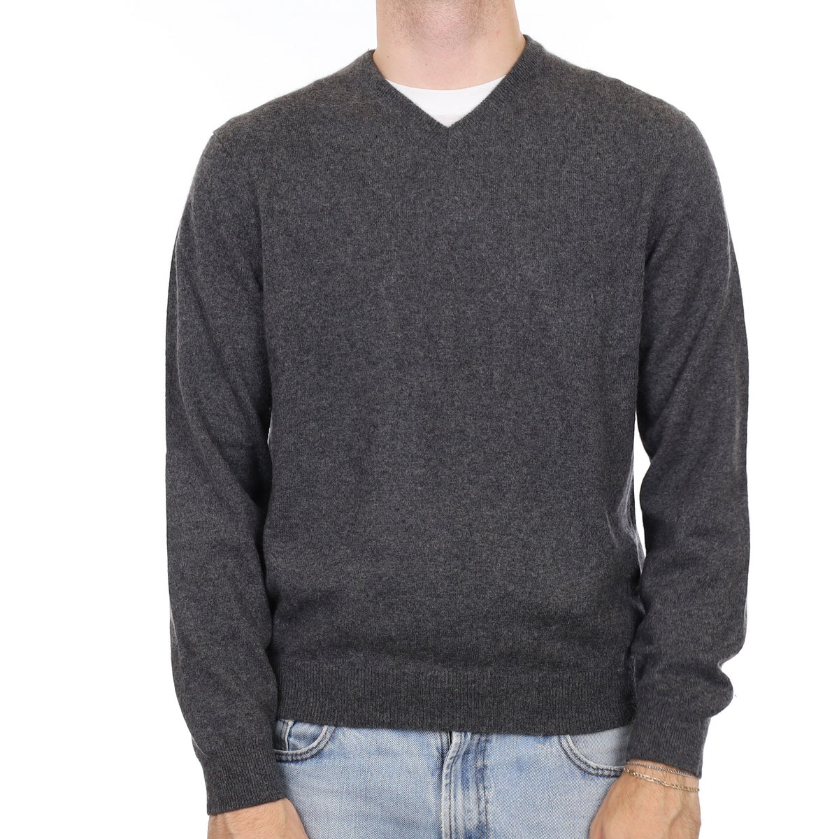 Men's Granite Grey Cashmere V Neck Jumper Large