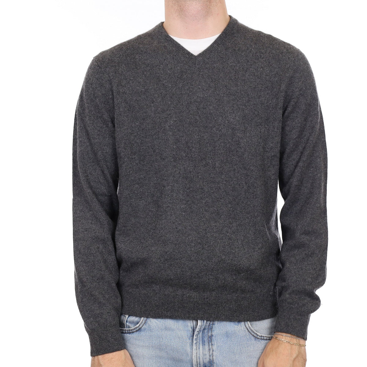 Men's Granite Grey Cashmere V Neck Jumper Large