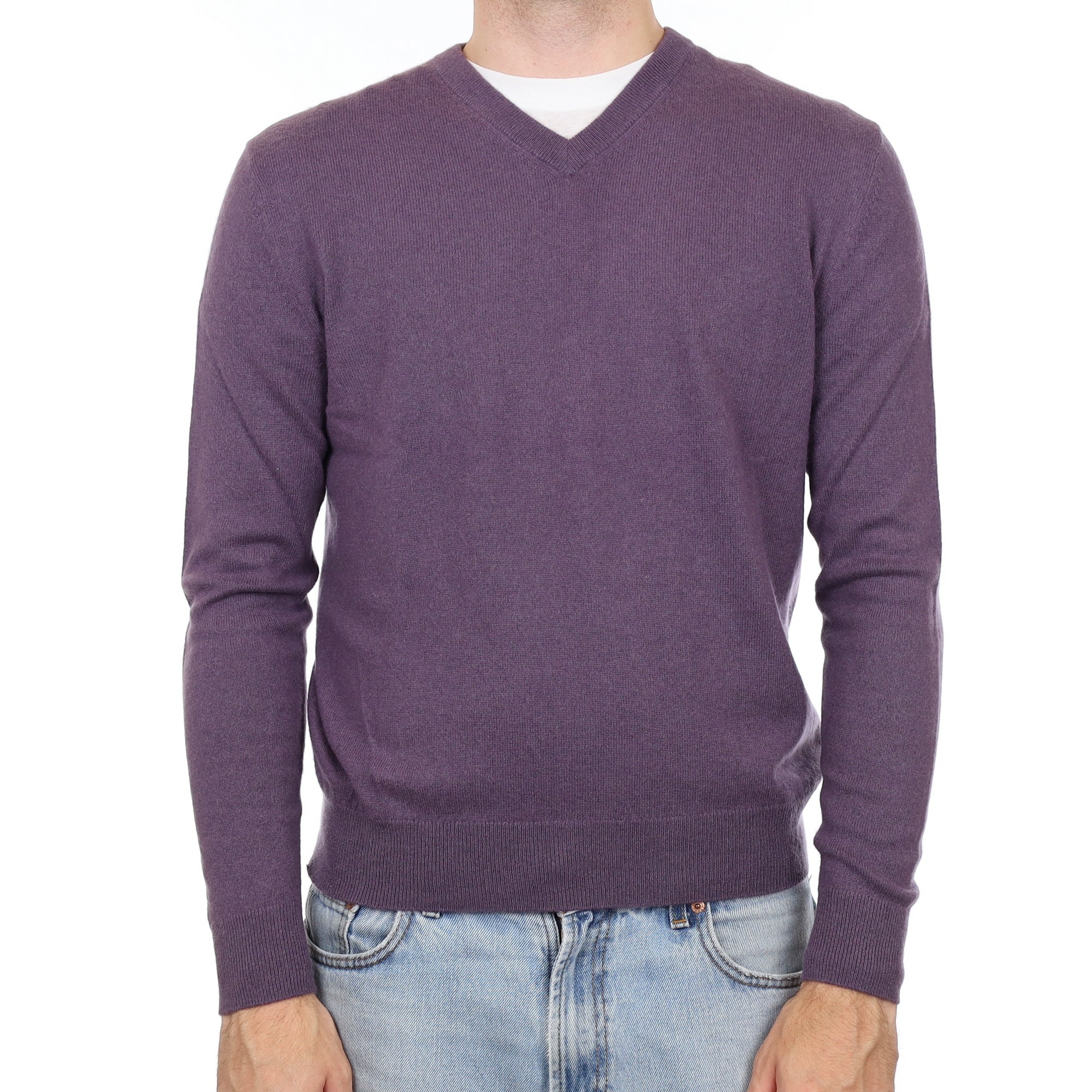 Men's Slate Purple Cashmere V Neck Jumper Large