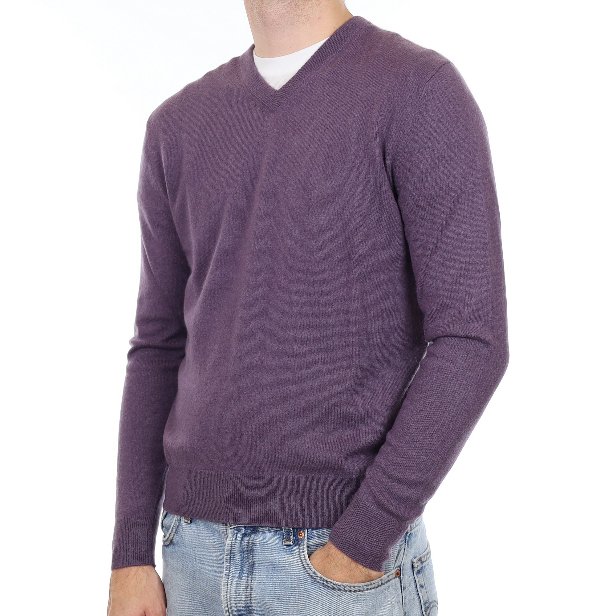 Men's Slate Purple Cashmere V Neck Jumper Large