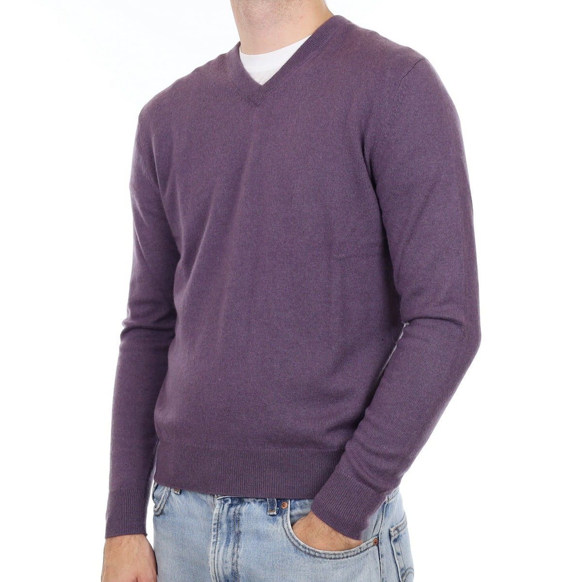 Men's Slate Purple Cashmere V Neck Jumper Large