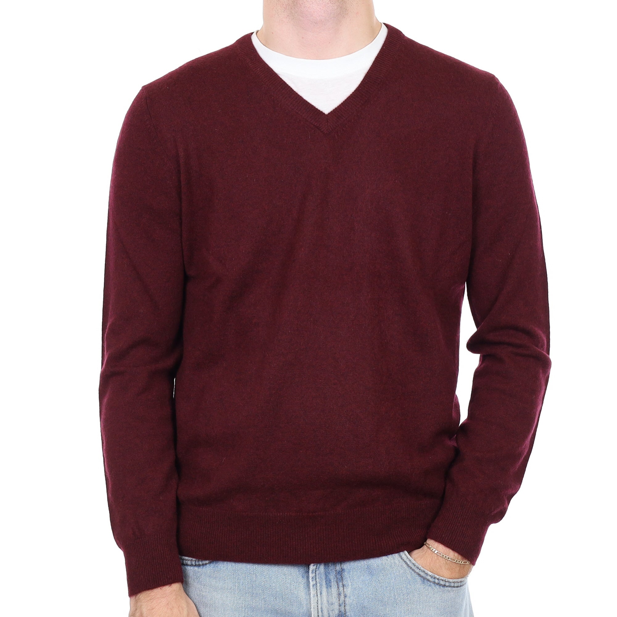 Men's Port Red Cashmere V Neck Jumper Large