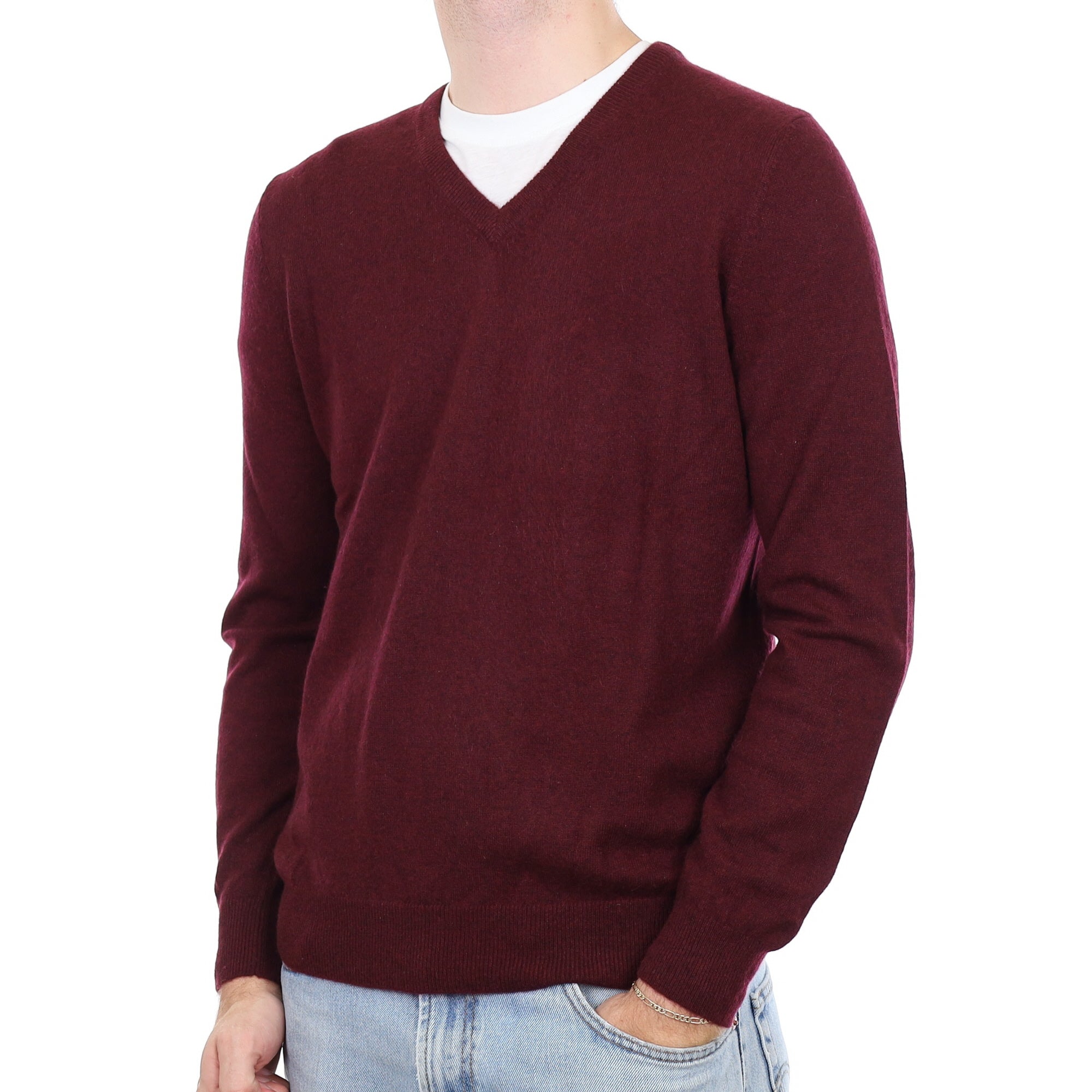 Men's Port Red Cashmere V Neck Jumper Large