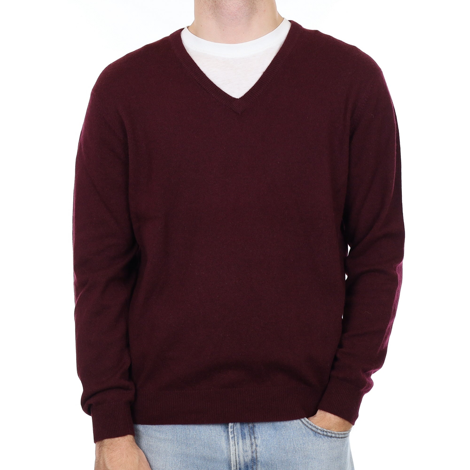 Men's Aubergine Purple Cashmere V Neck Jumper Large
