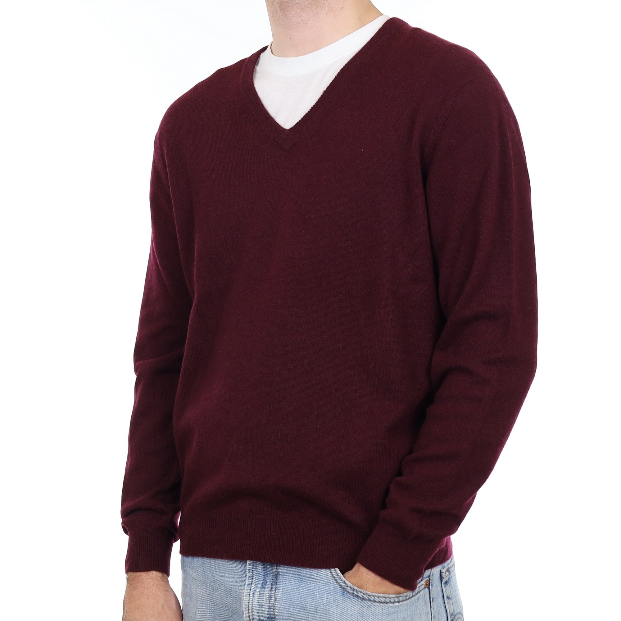Men's Aubergine Purple Cashmere V Neck Jumper Large