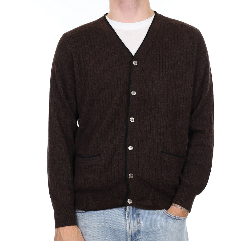 Men's Peppercorn Brown Rib Cashmere V Neck Cardigan with Pockets Large