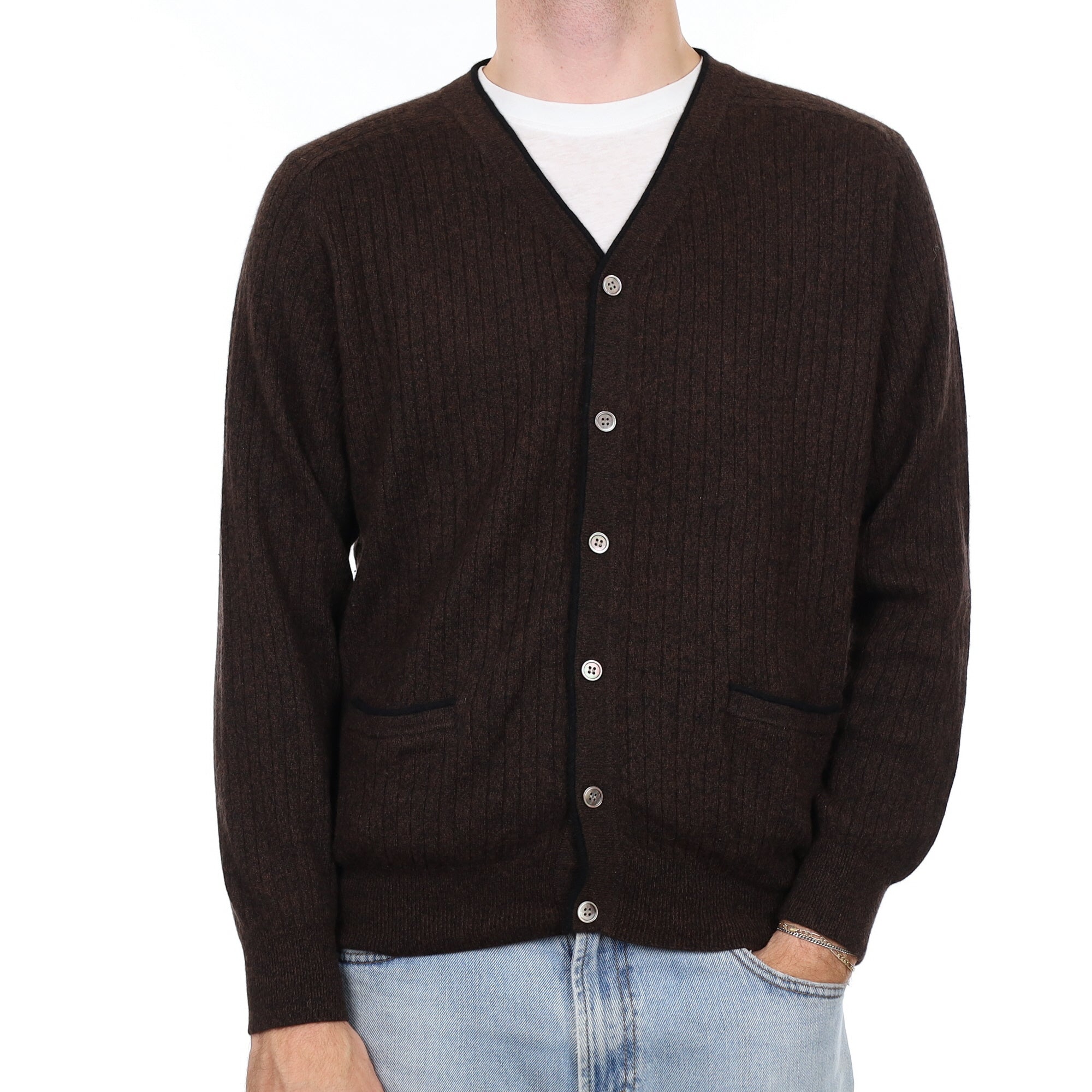 Men's Peppercorn Brown Rib Cashmere V Neck Cardigan with Pockets Large