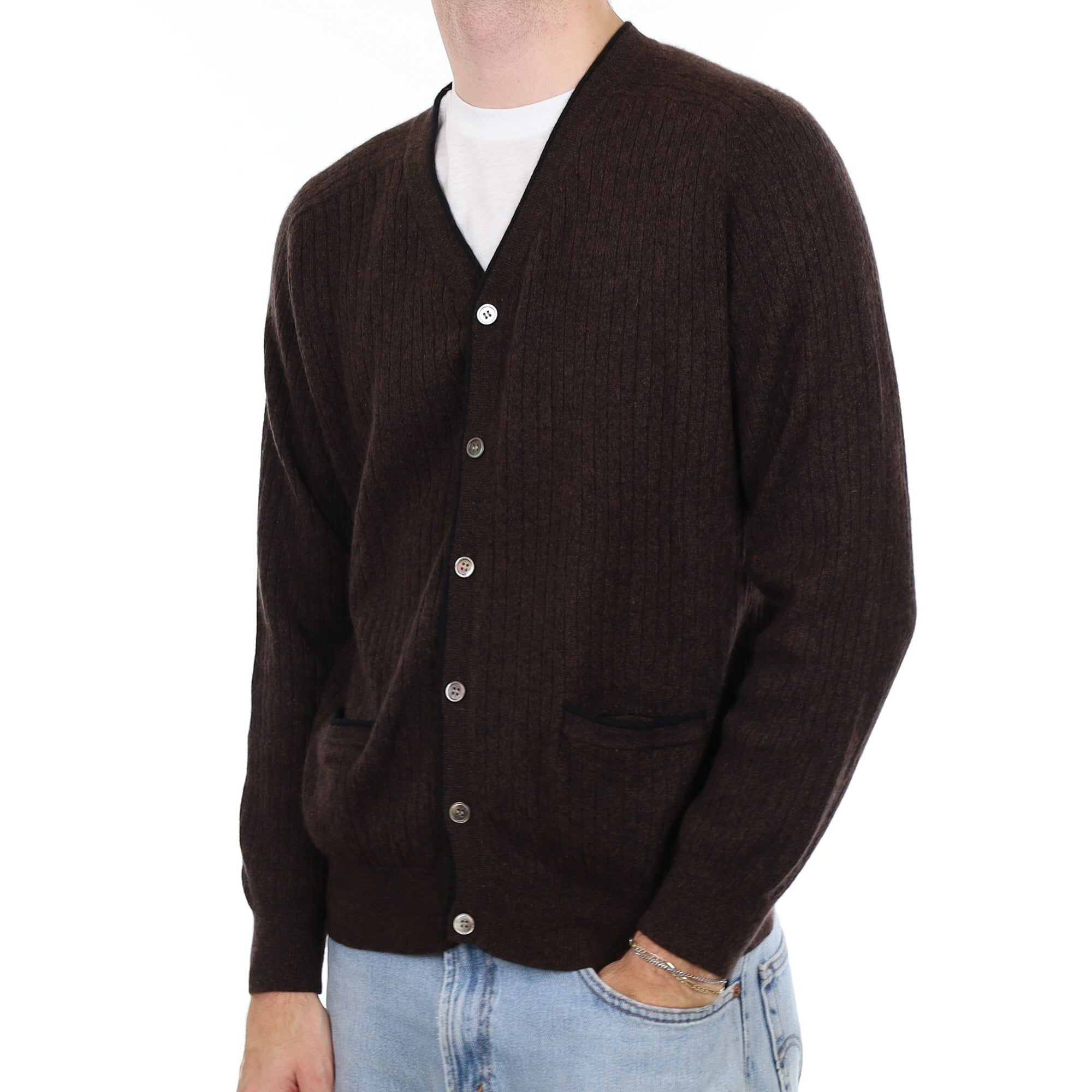 Men's Peppercorn Brown Rib Cashmere V Neck Cardigan with Pockets Large