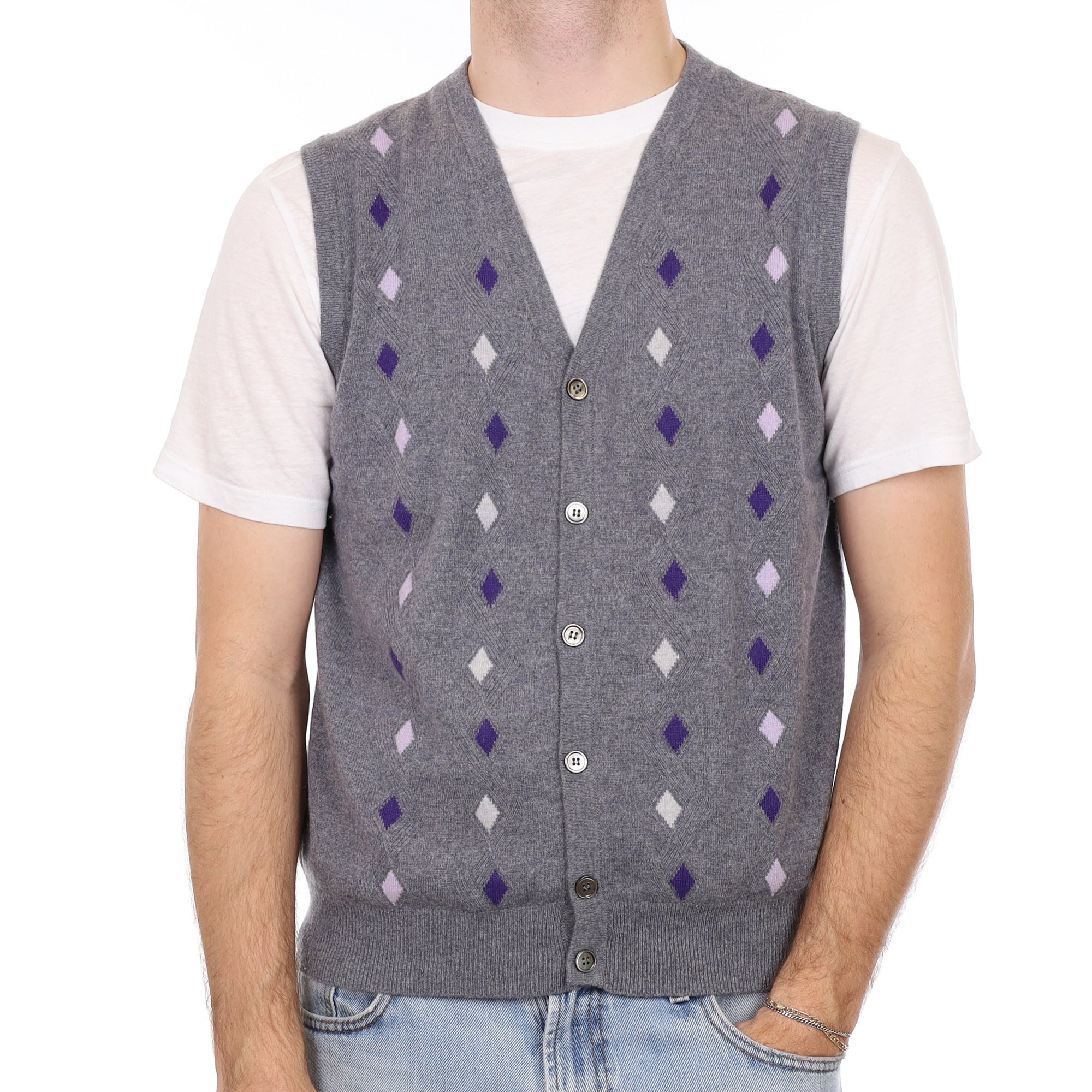 Men's Grey Purple Diamond Cashmere V Neck Waistcoat Large