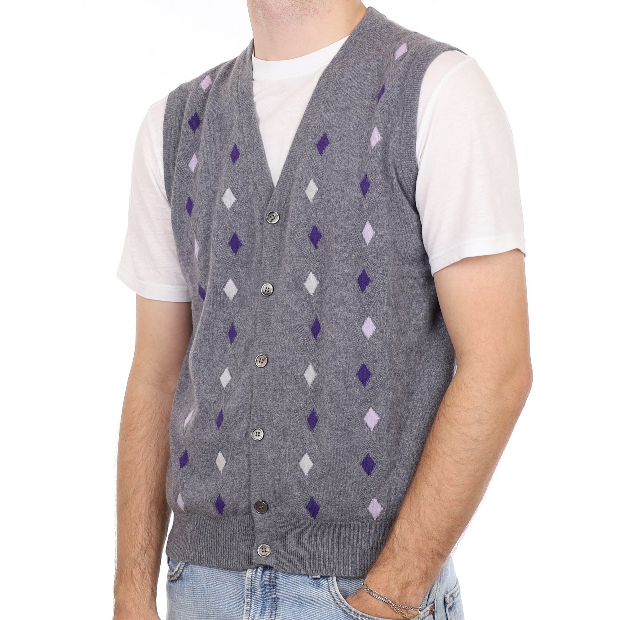 Men's Grey Purple Diamond Cashmere V Neck Waistcoat Large