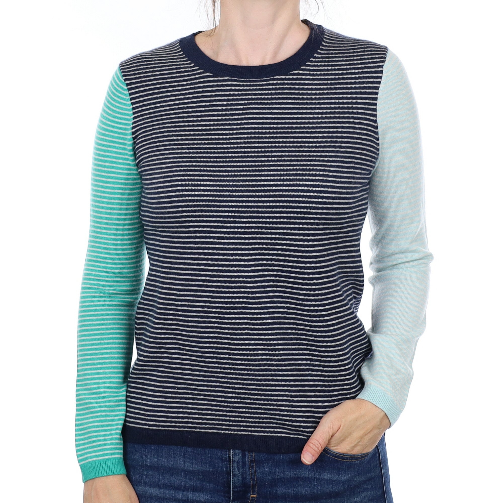 Navy and Green Striped Cashmere Crew Neck Jumper Small