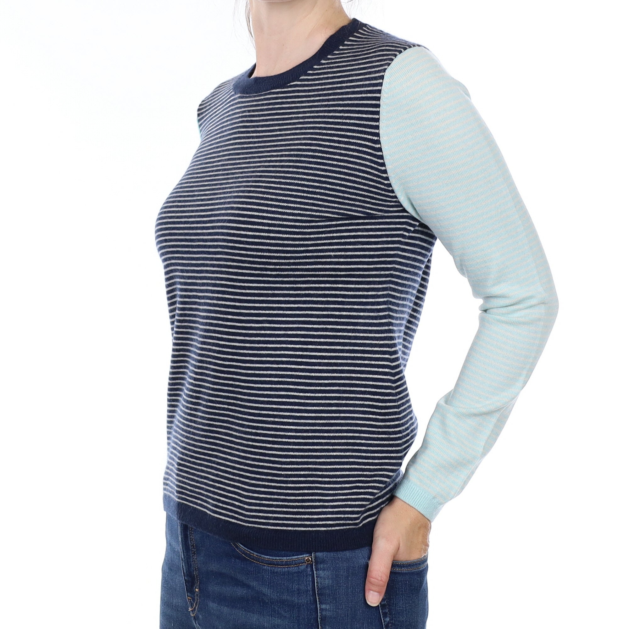 Navy and Green Striped Cashmere Crew Neck Jumper Small