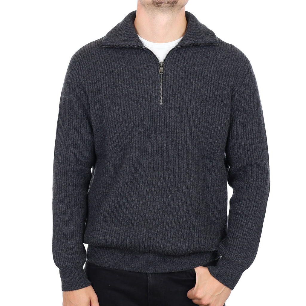 Men's Brand New Scottish Charcoal Chunky Rib Cashmere 1/4 Zip Jumper XL