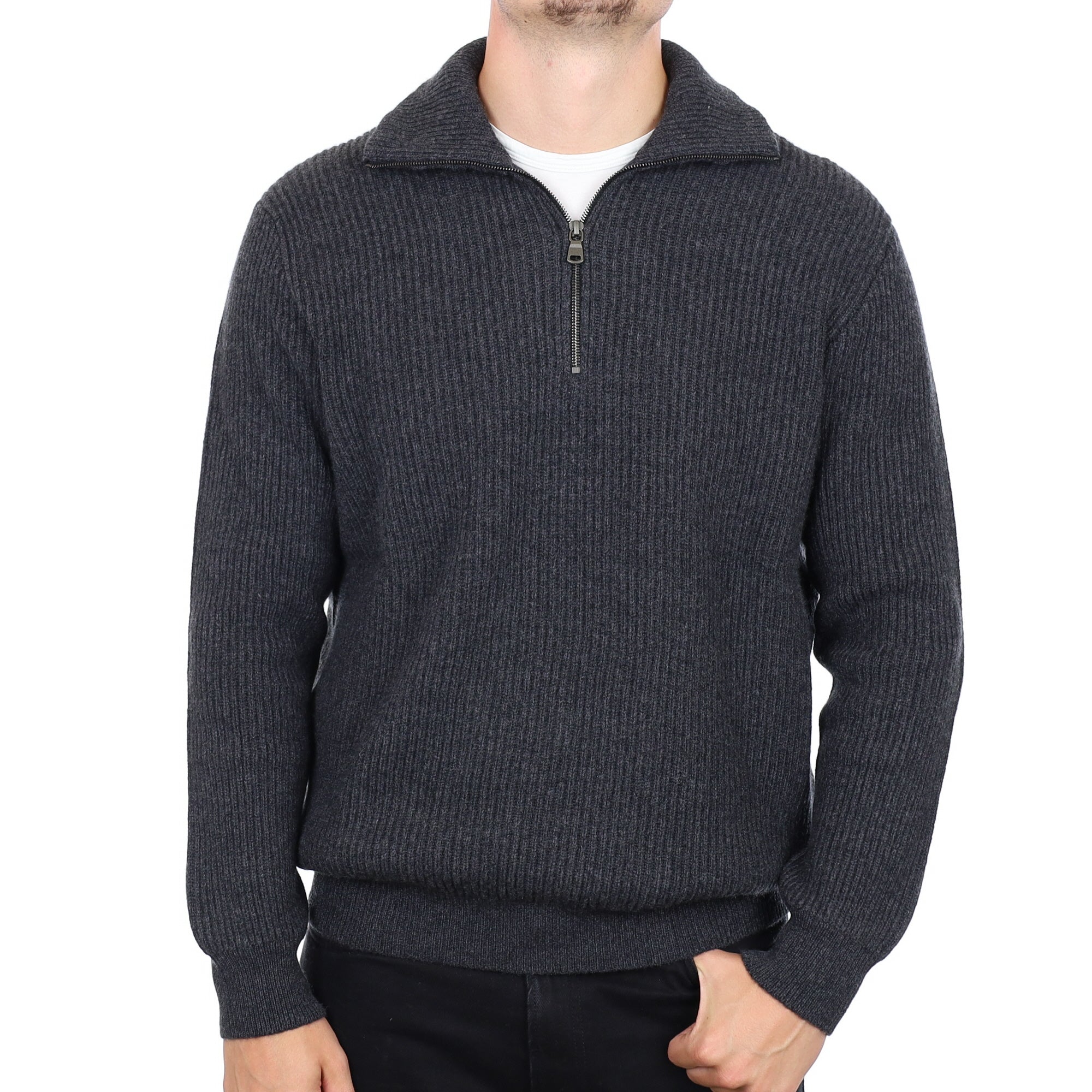 Men's Brand New Scottish Charcoal Chunky Rib Cashmere 1/4 Zip Jumper XL