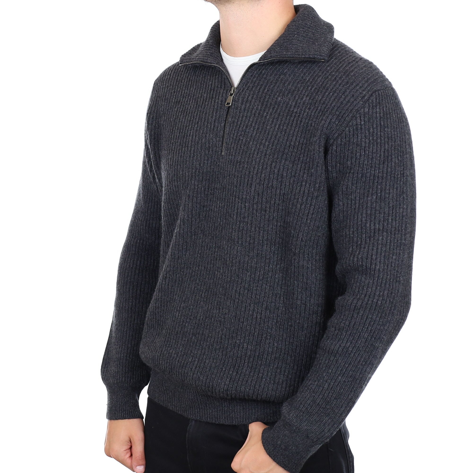 Men's Brand New Scottish Charcoal Chunky Rib Cashmere 1/4 Zip Jumper XL