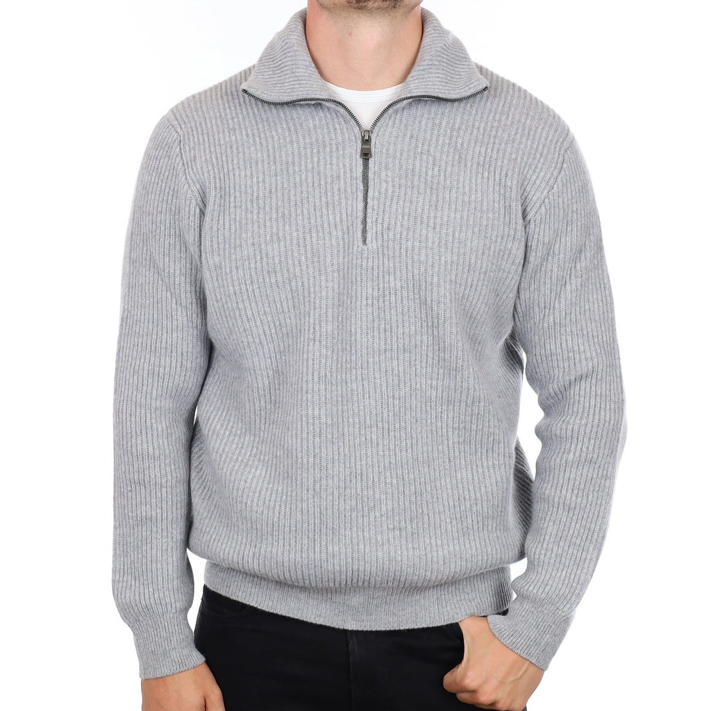 Men's Brand New Scottish Smoke Grey Chunky Rib Cashmere 1/4 Zip Jumper XL