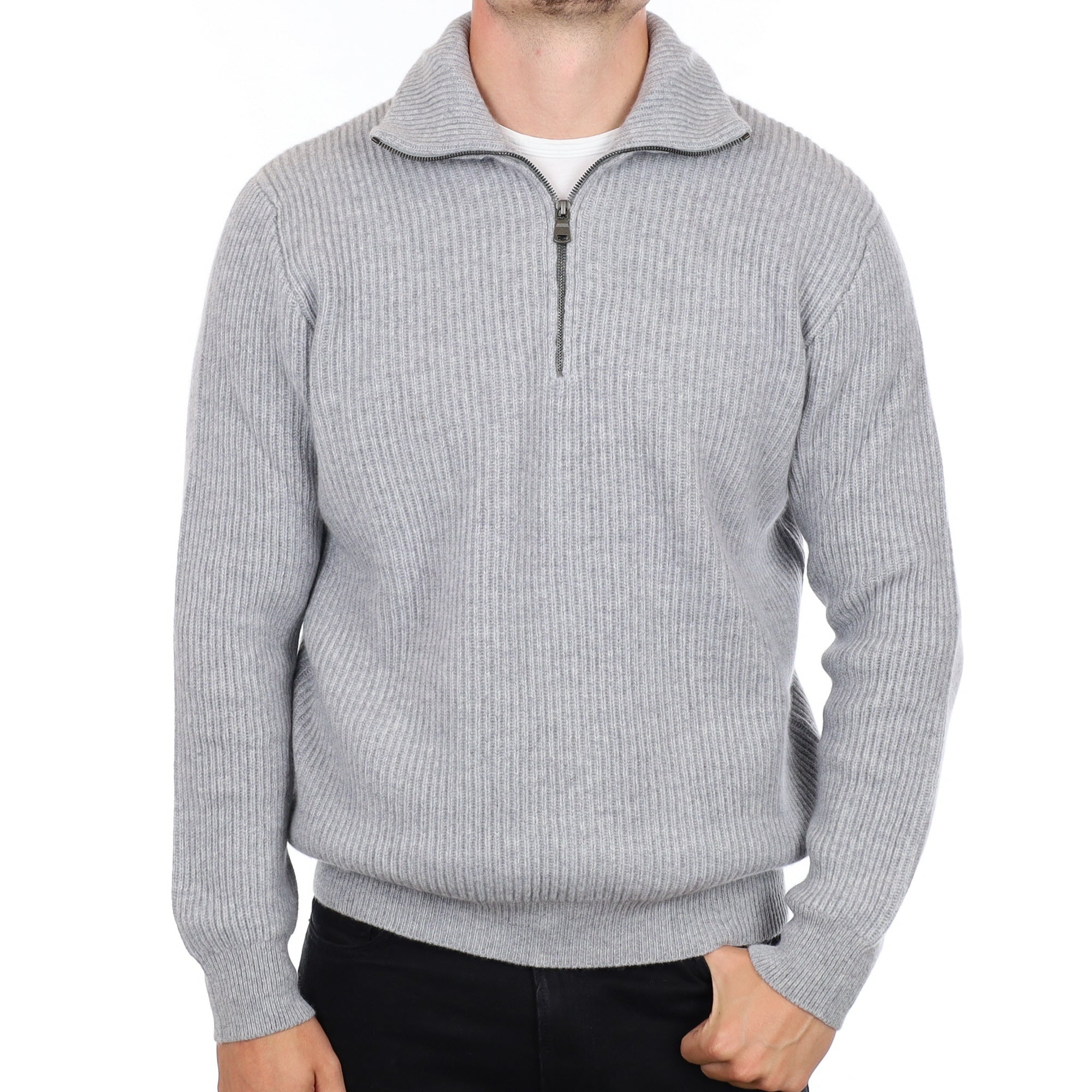 Men's Brand New Scottish Smoke Grey Chunky Rib Cashmere 1/4 Zip Jumper XL