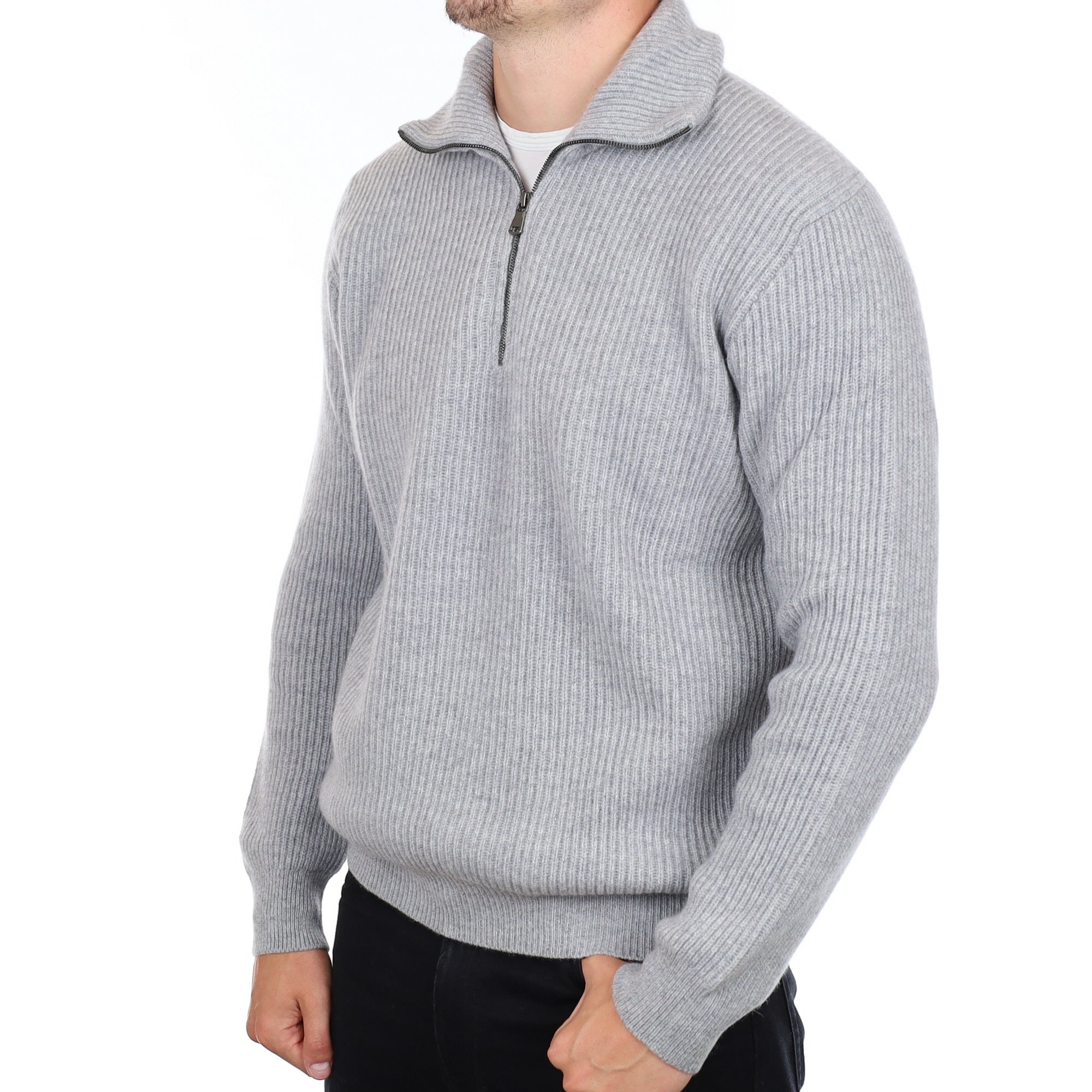 Men's Brand New Scottish Smoke Grey Chunky Rib Cashmere 1/4 Zip Jumper XL