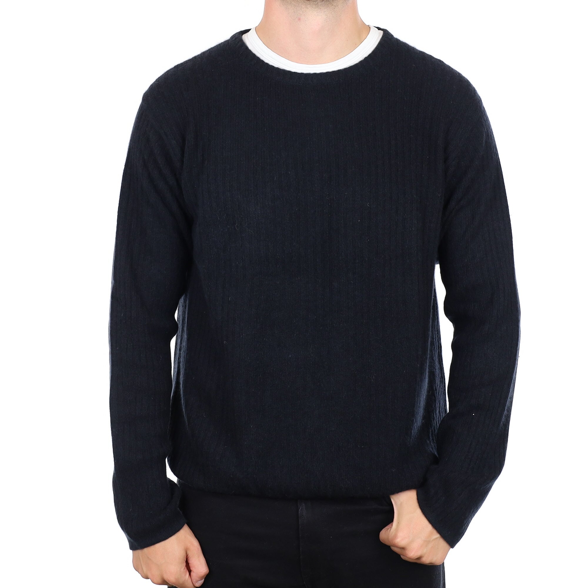 Men's Black Ribbed Cashmere Crew Neck Jumper XL