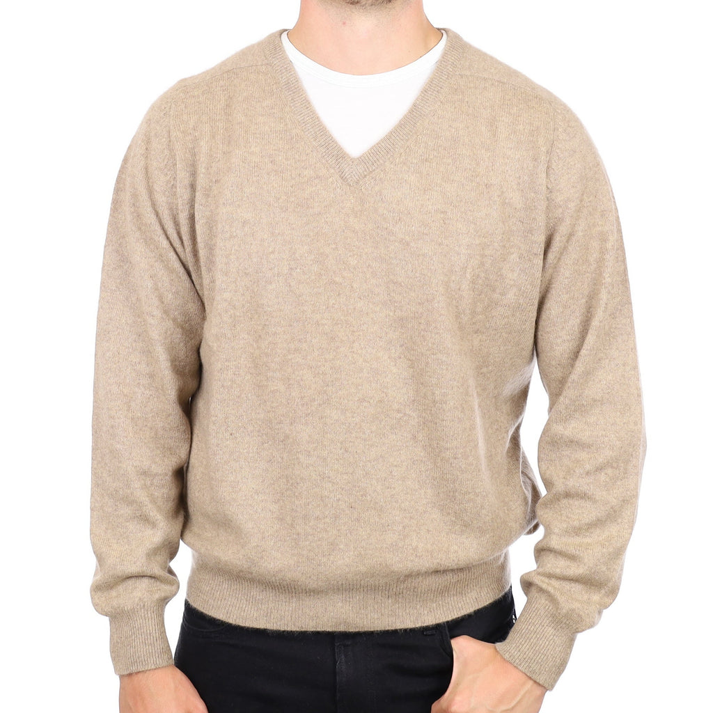 Men's Taupe Brown Cashmere V Neck Jumper XL