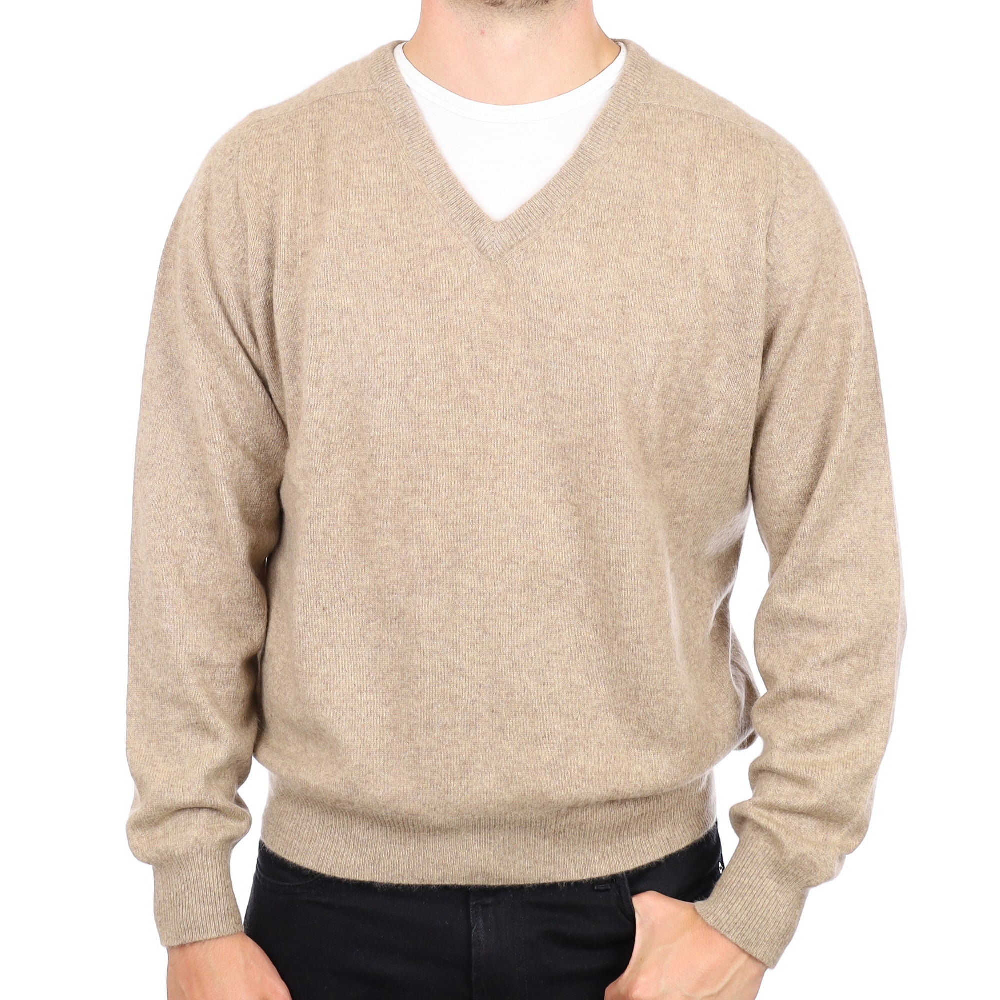 Men's Taupe Brown Cashmere V Neck Jumper XL