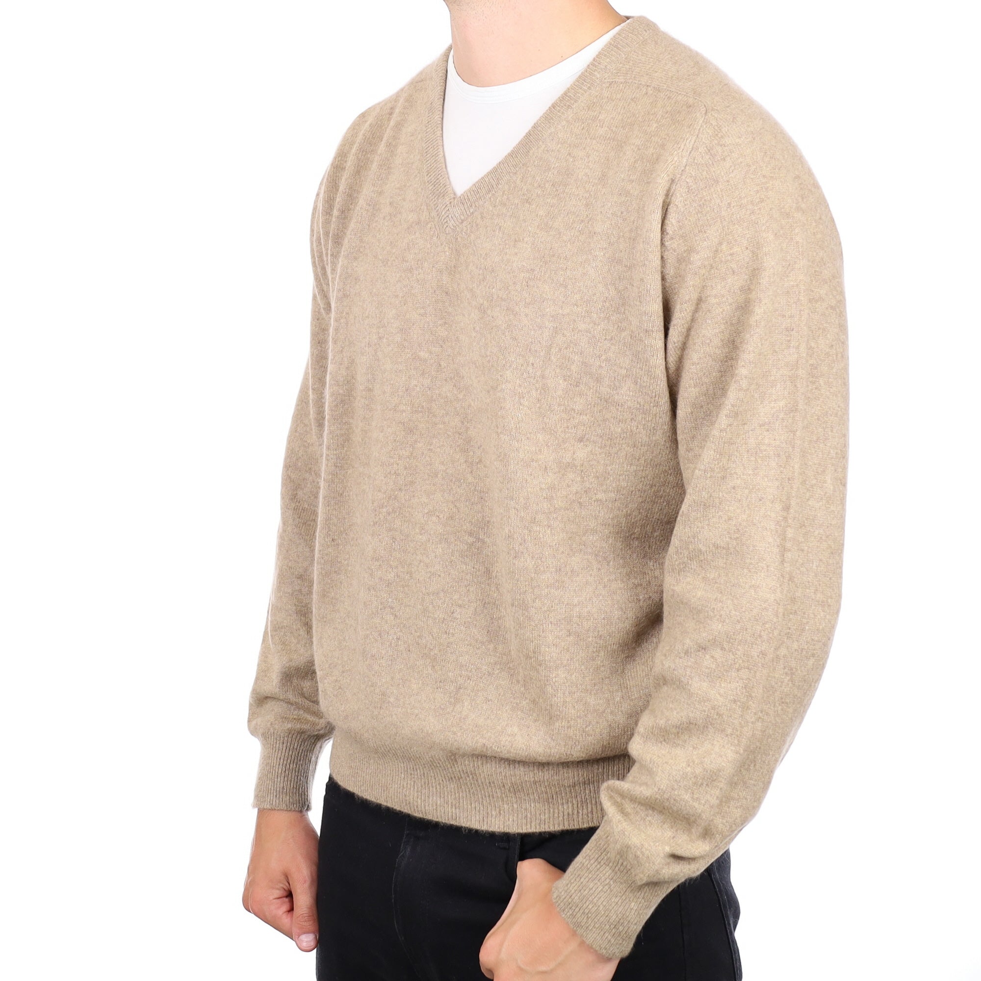 Men's Taupe Brown Cashmere V Neck Jumper XL
