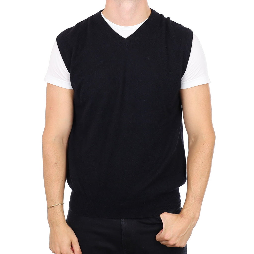 Men's Black Cashmere V Neck Tank Top XL