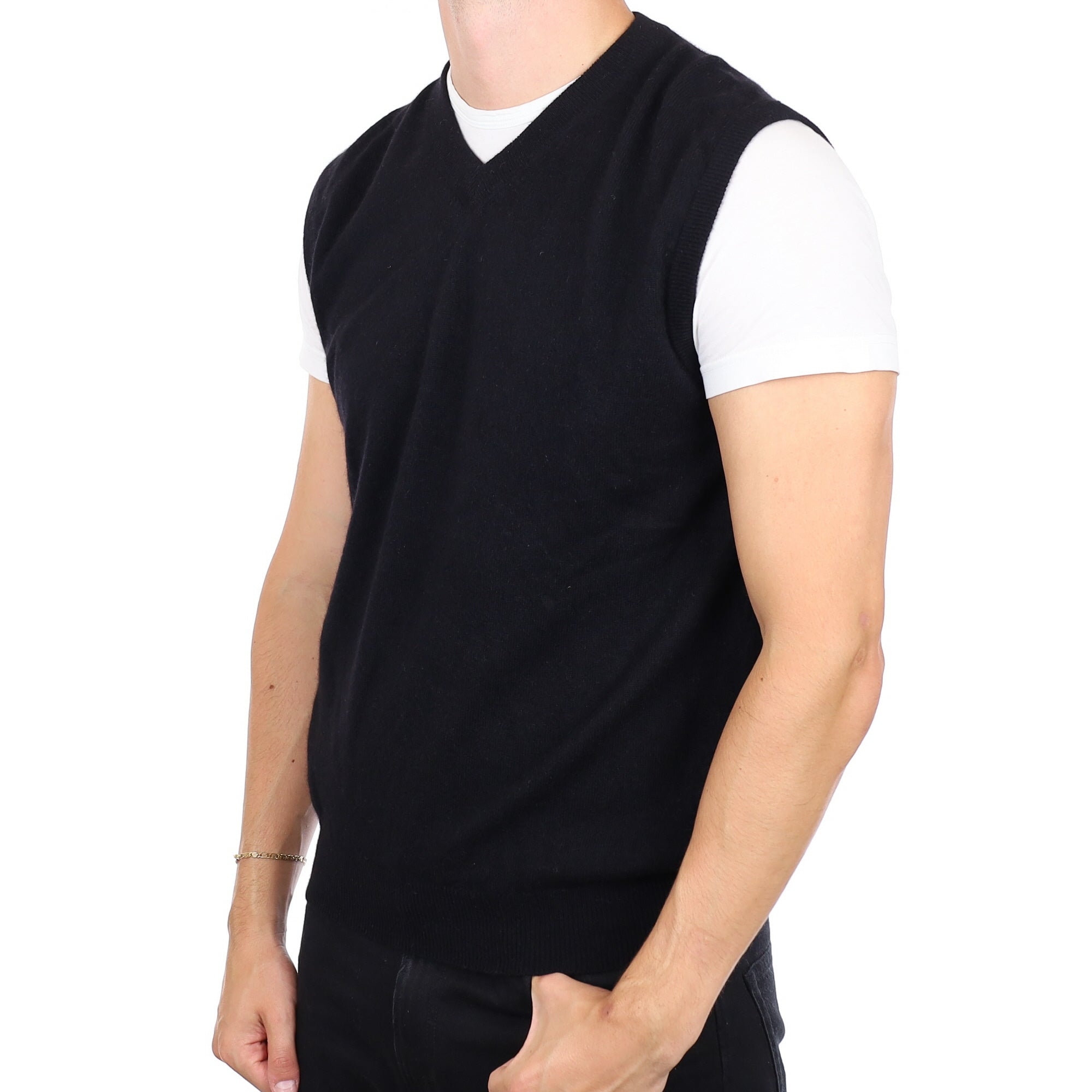 Men's Black Cashmere V Neck Tank Top XL